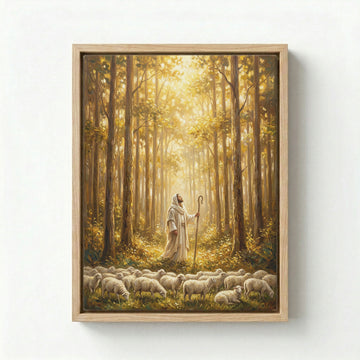 Canvas in natural wood floating frame with Jesus as Good Shepherd and flock in golden forest light