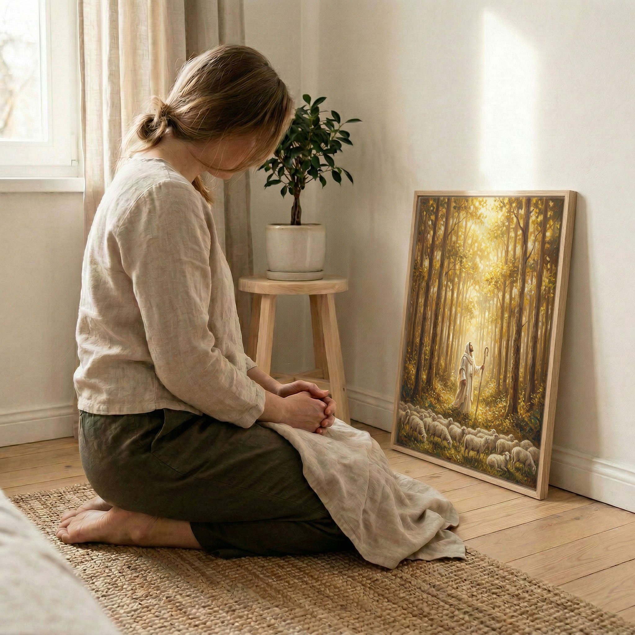 Woman kneeling in prayer beside Jesus Good Shepherd golden forest canvas in wood frame, soft indoor light