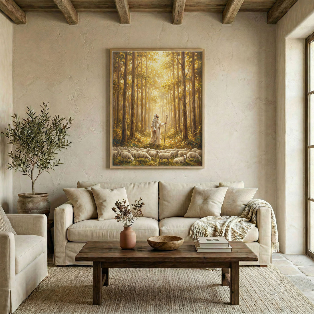 Canvas in natural wood floating frame with Jesus as Good Shepherd and flock in golden forest light