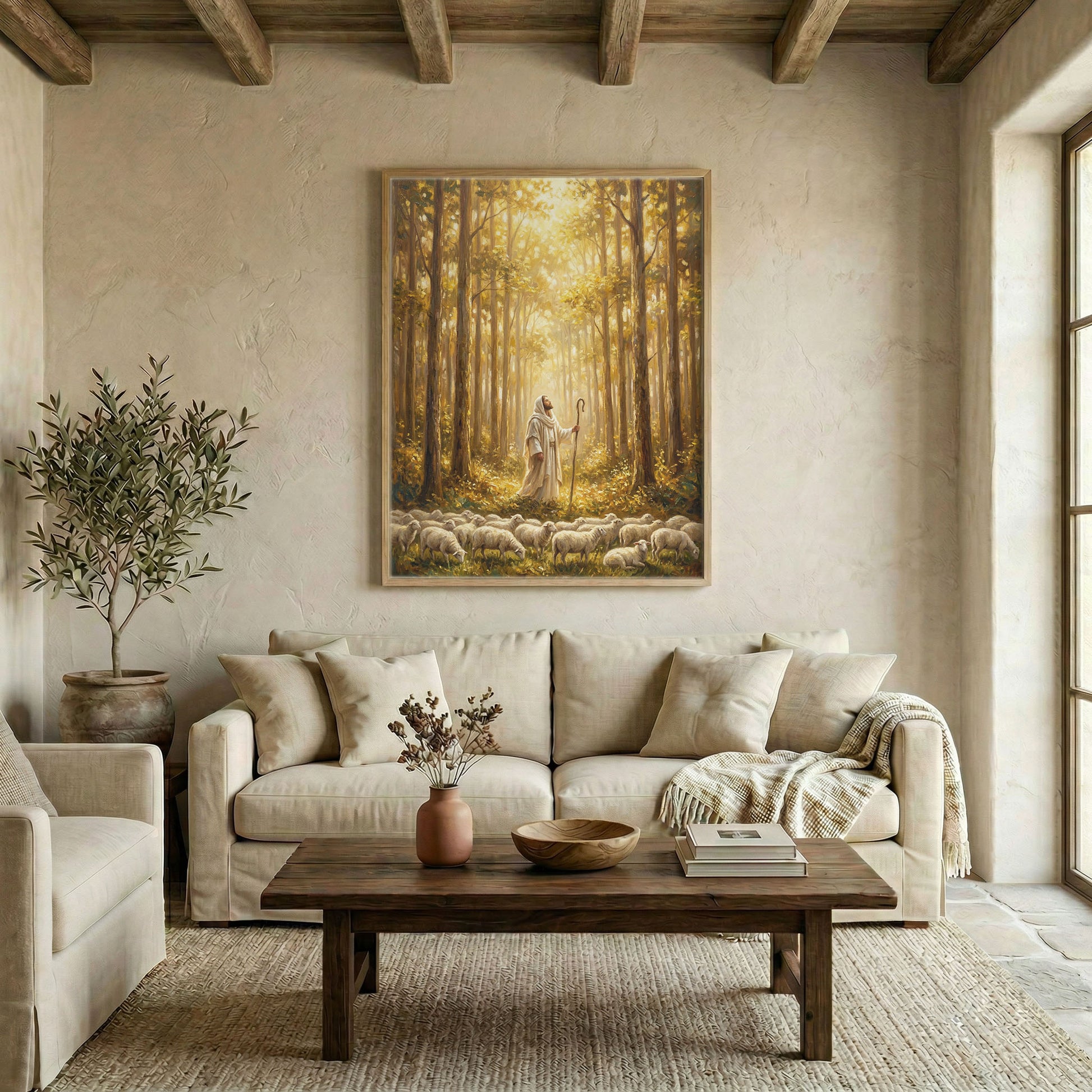 Large Jesus Good Shepherd forest canvas in wood frame above linen sofa in warm neutral living room