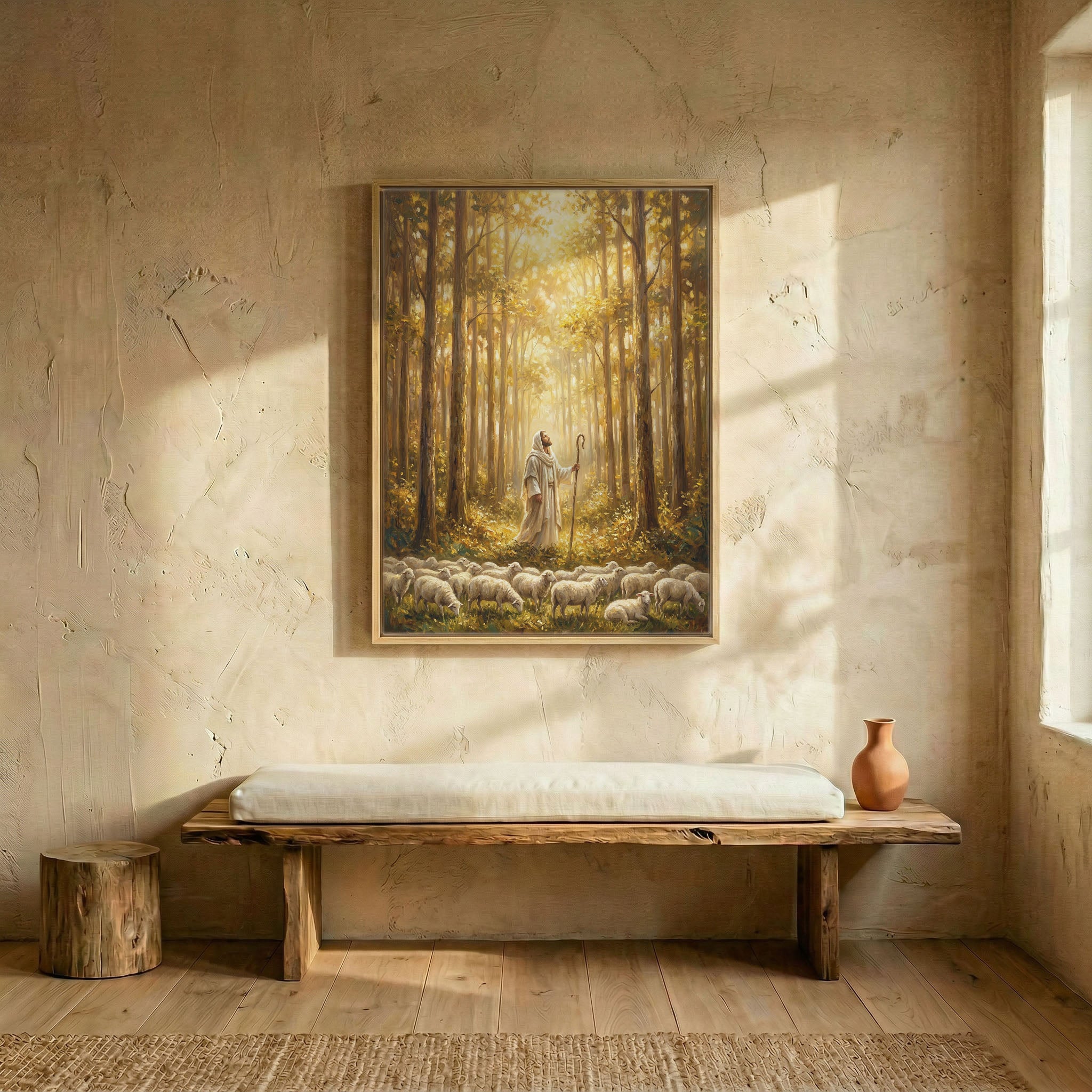 Jesus shepherd in golden forest canvas in wood frame above rustic wooden bench in sunlit entryway