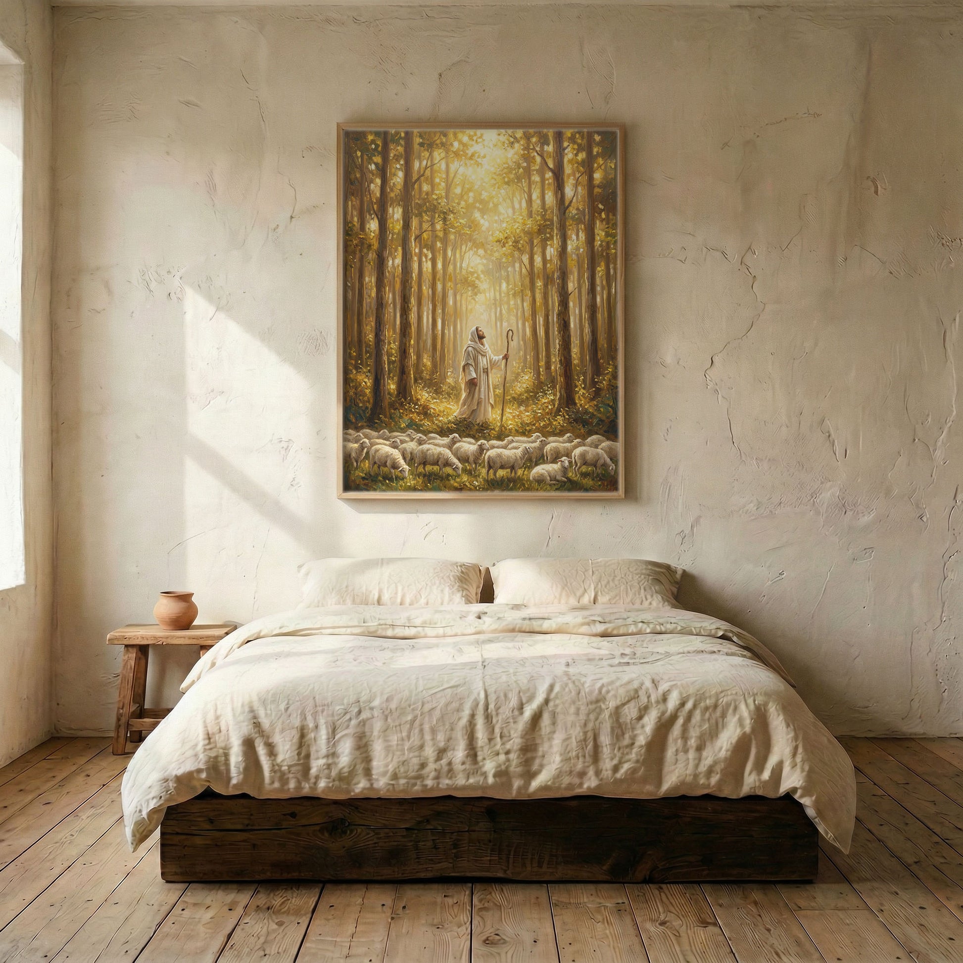 Jesus Good Shepherd golden forest canvas in wood frame mounted above linen platform bed in serene bedroom