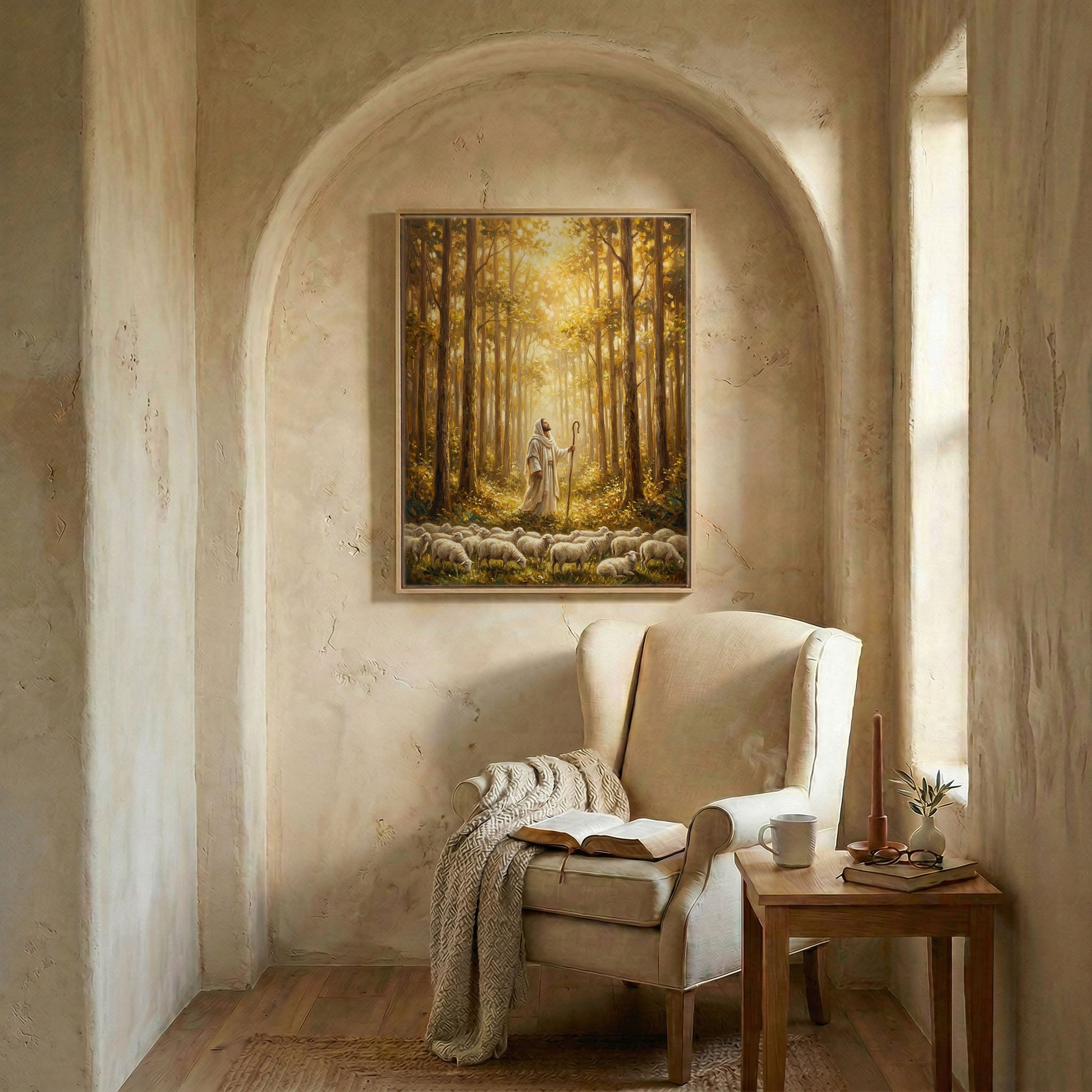 Jesus shepherd canvas in wood frame in arched alcove above wingback chair with open Bible and candle