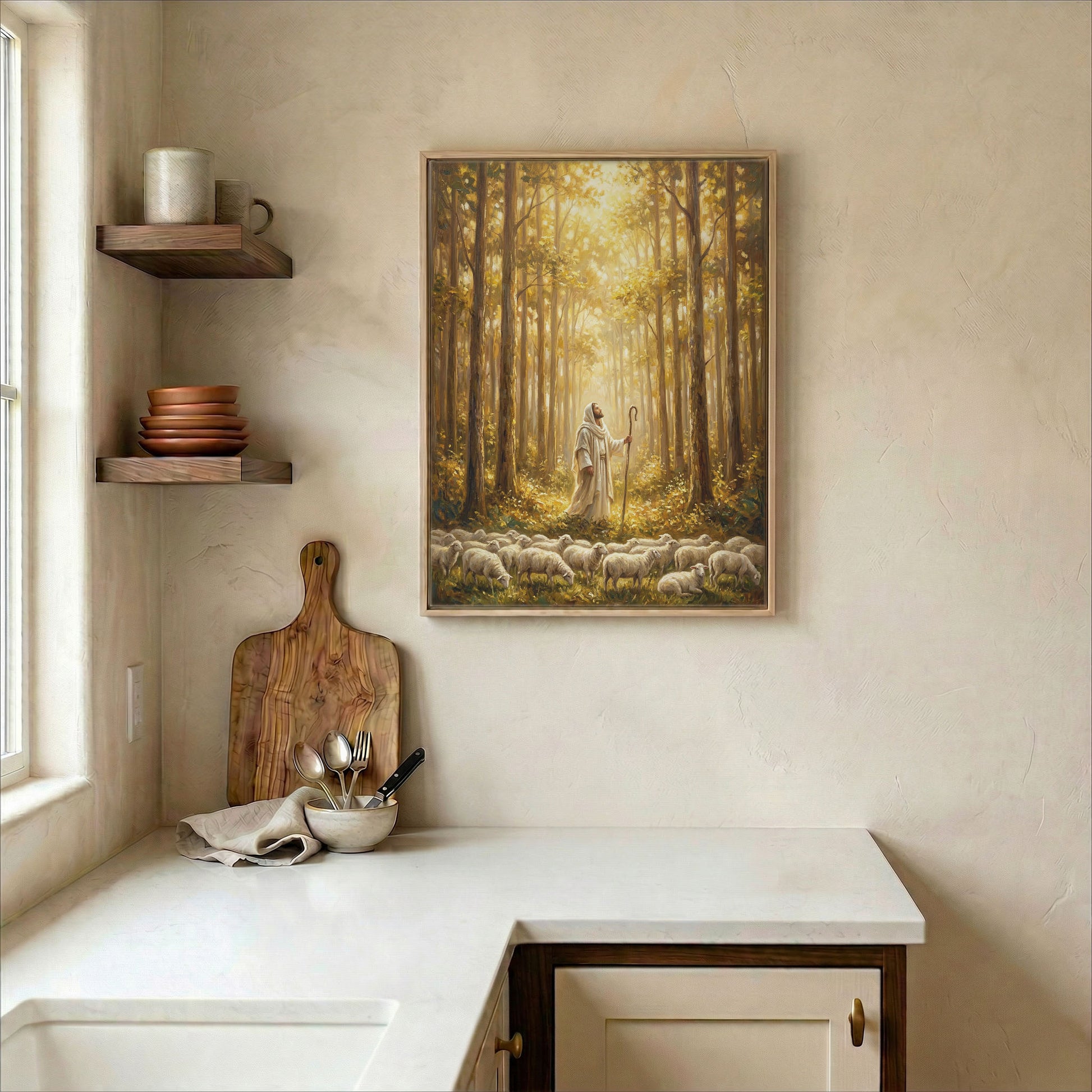 Jesus Good Shepherd forest canvas in wood frame on kitchen wall in warm neutral farmhouse setting