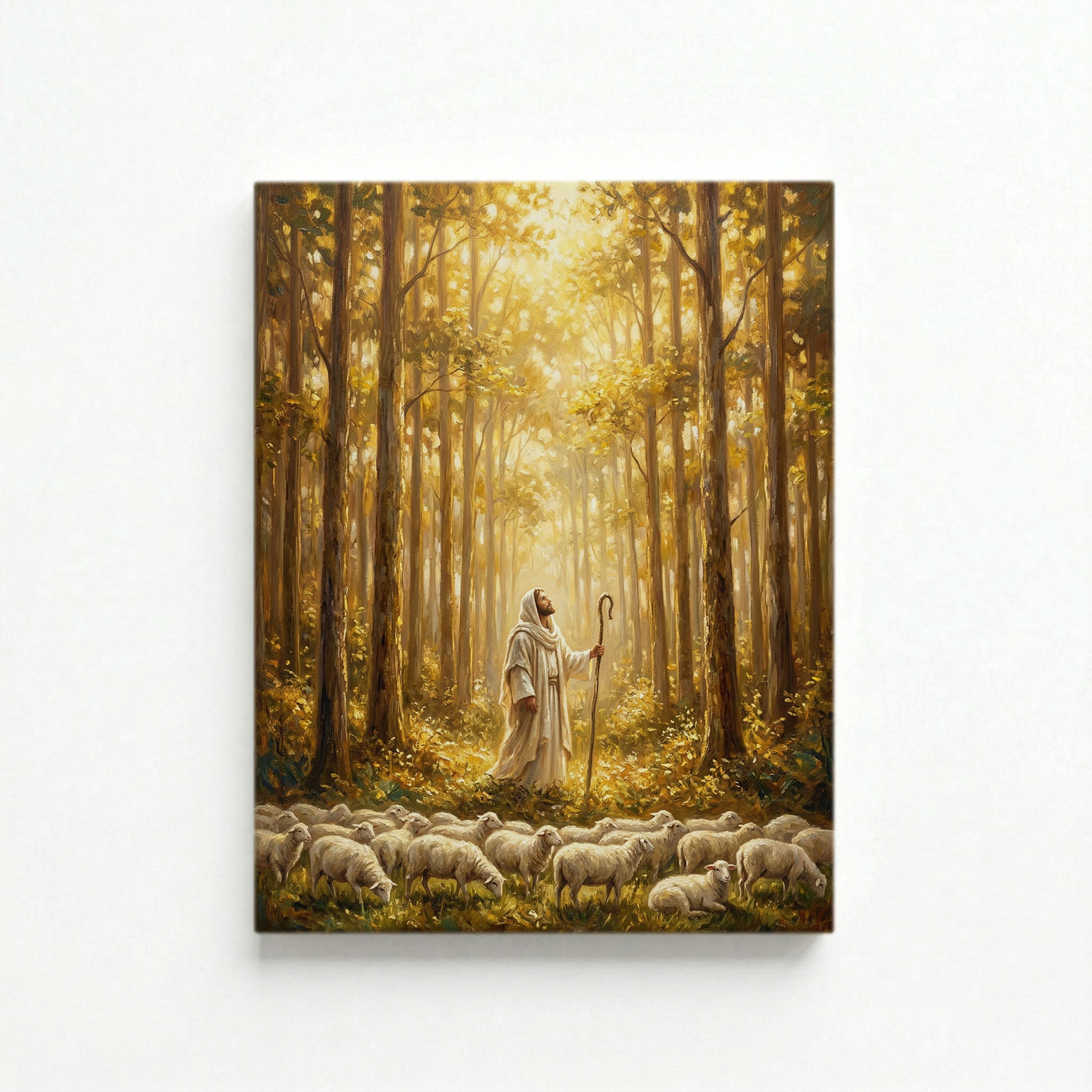 White background with Jesus as Good Shepherd standing among flock in golden forest light on vertical canvas
