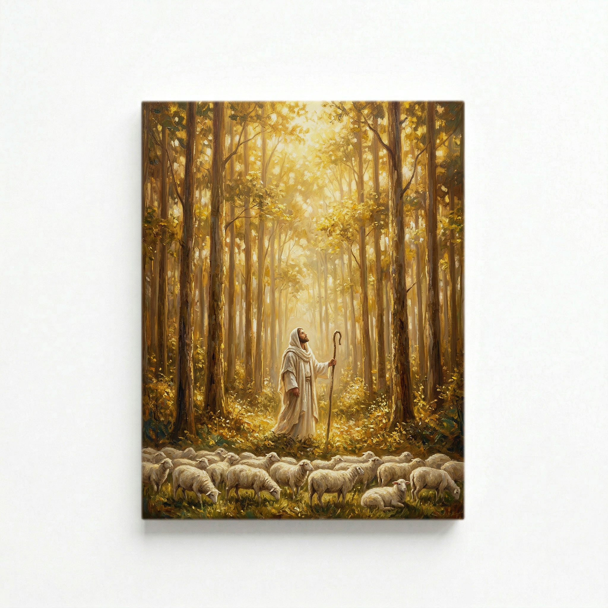 White background with Jesus as Good Shepherd standing among flock in golden forest light on vertical canvas