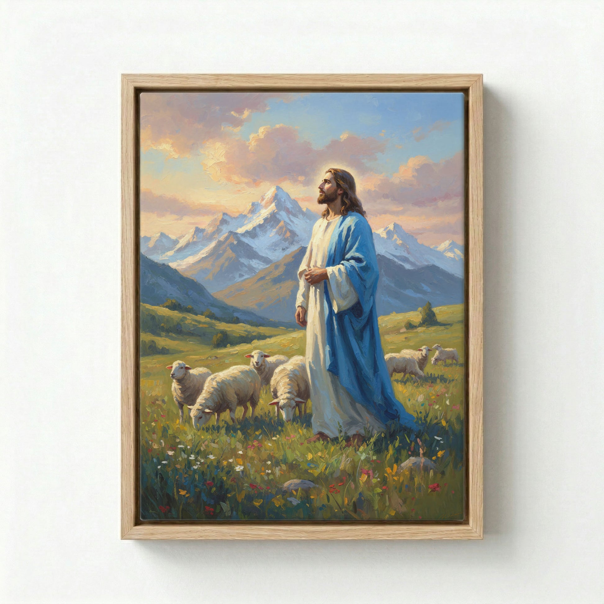 Canvas in natural wood floating frame with Jesus as Good Shepherd holding staff by snowy mountain meadow