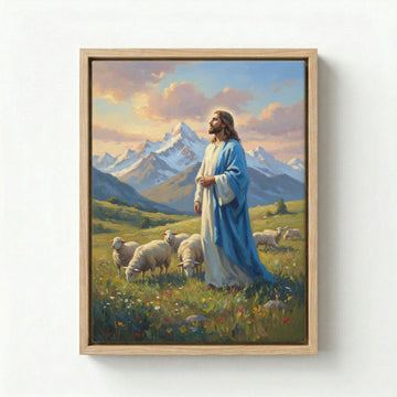 Canvas in natural wood floating frame with Jesus as Good Shepherd holding staff by snowy mountain meadow