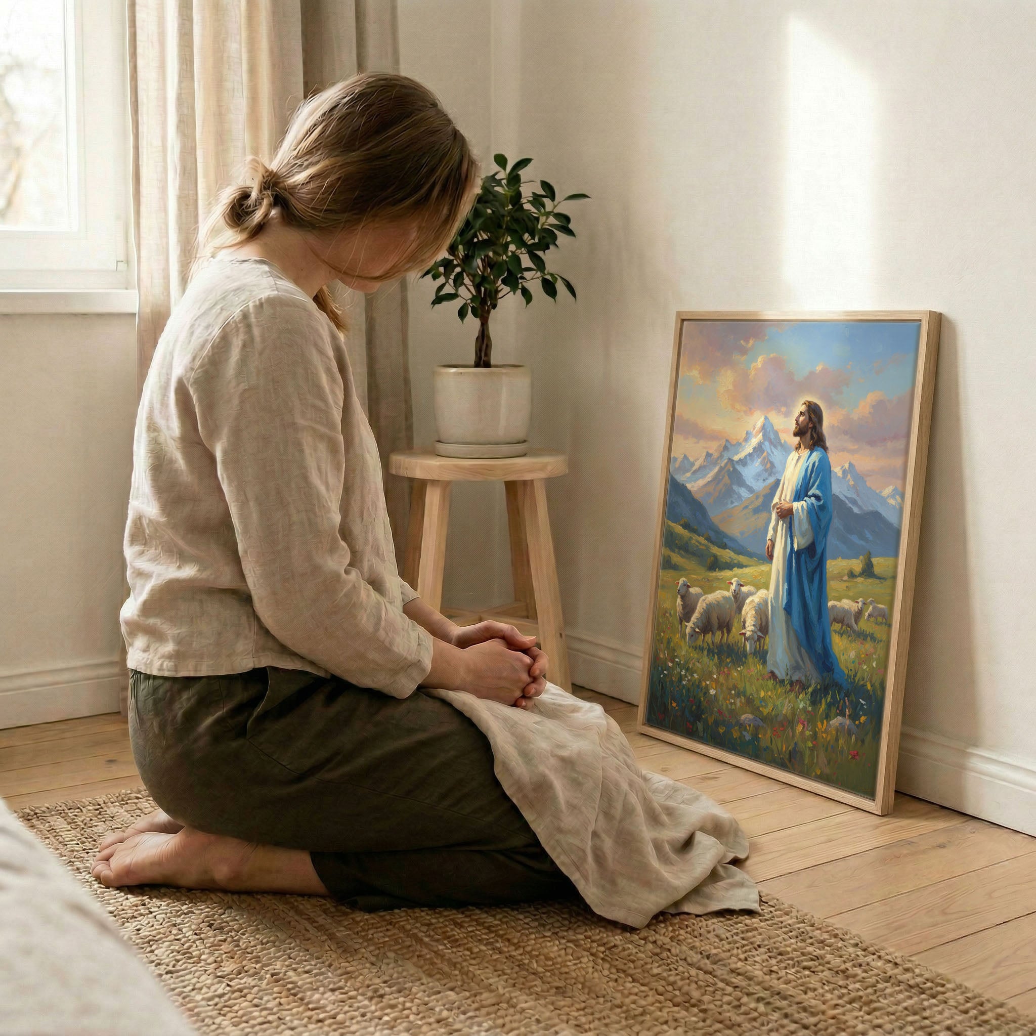Woman kneeling in prayer beside Jesus Good Shepherd canvas print in wood frame with soft indoor lighting