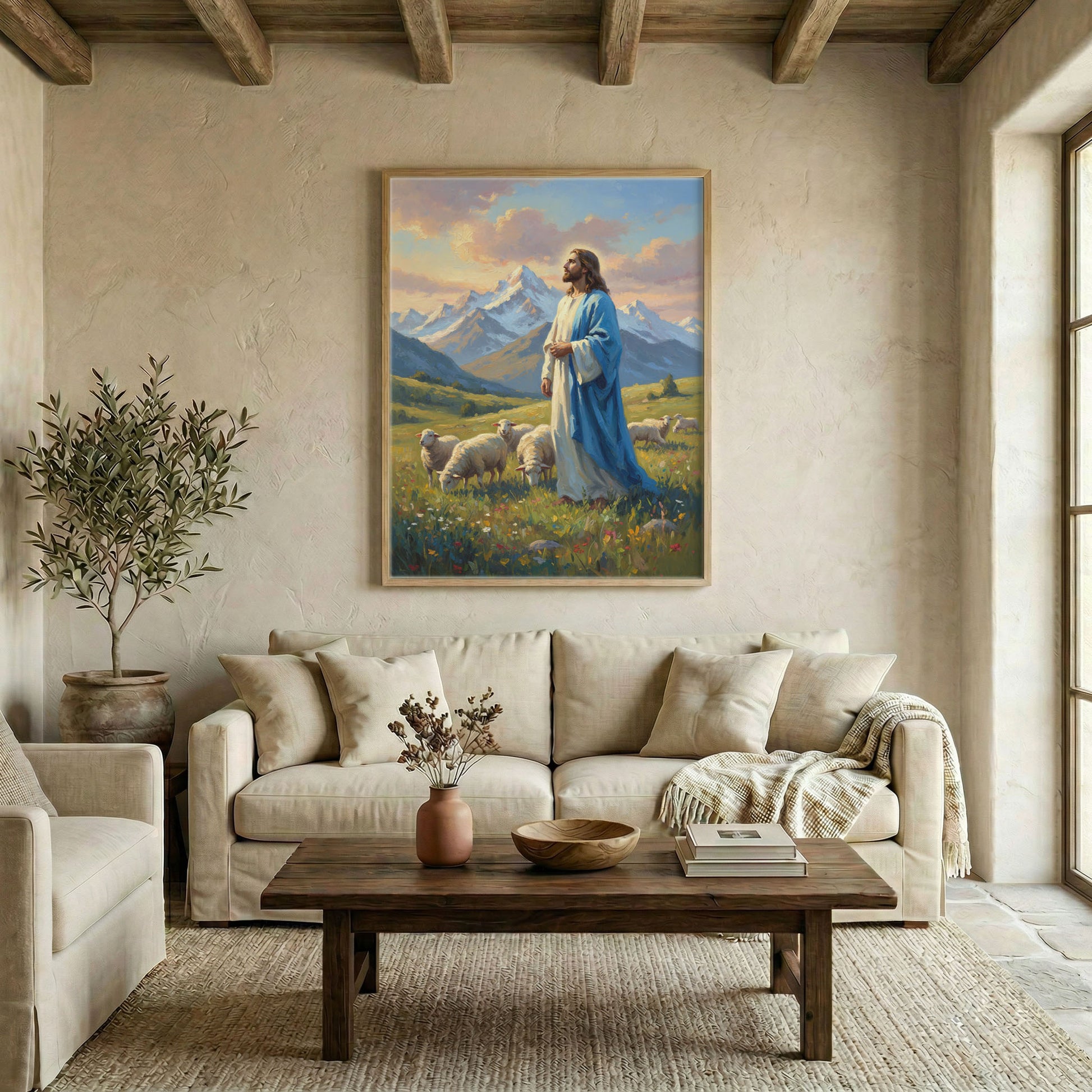 Large Jesus Good Shepherd mountain meadow canvas in wood frame above linen sofa in neutral living room
