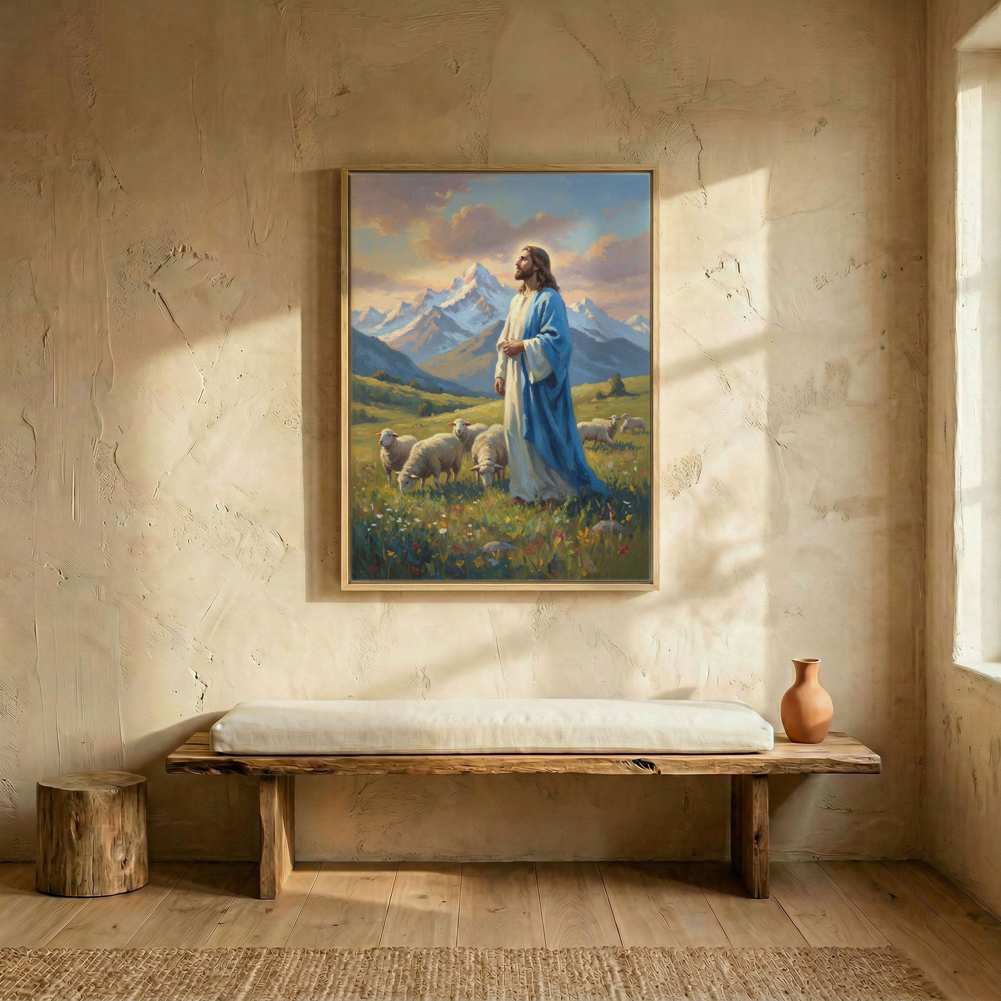 Jesus shepherd by snowy mountain canvas in wood frame above rustic wooden bench in sunlit entryway