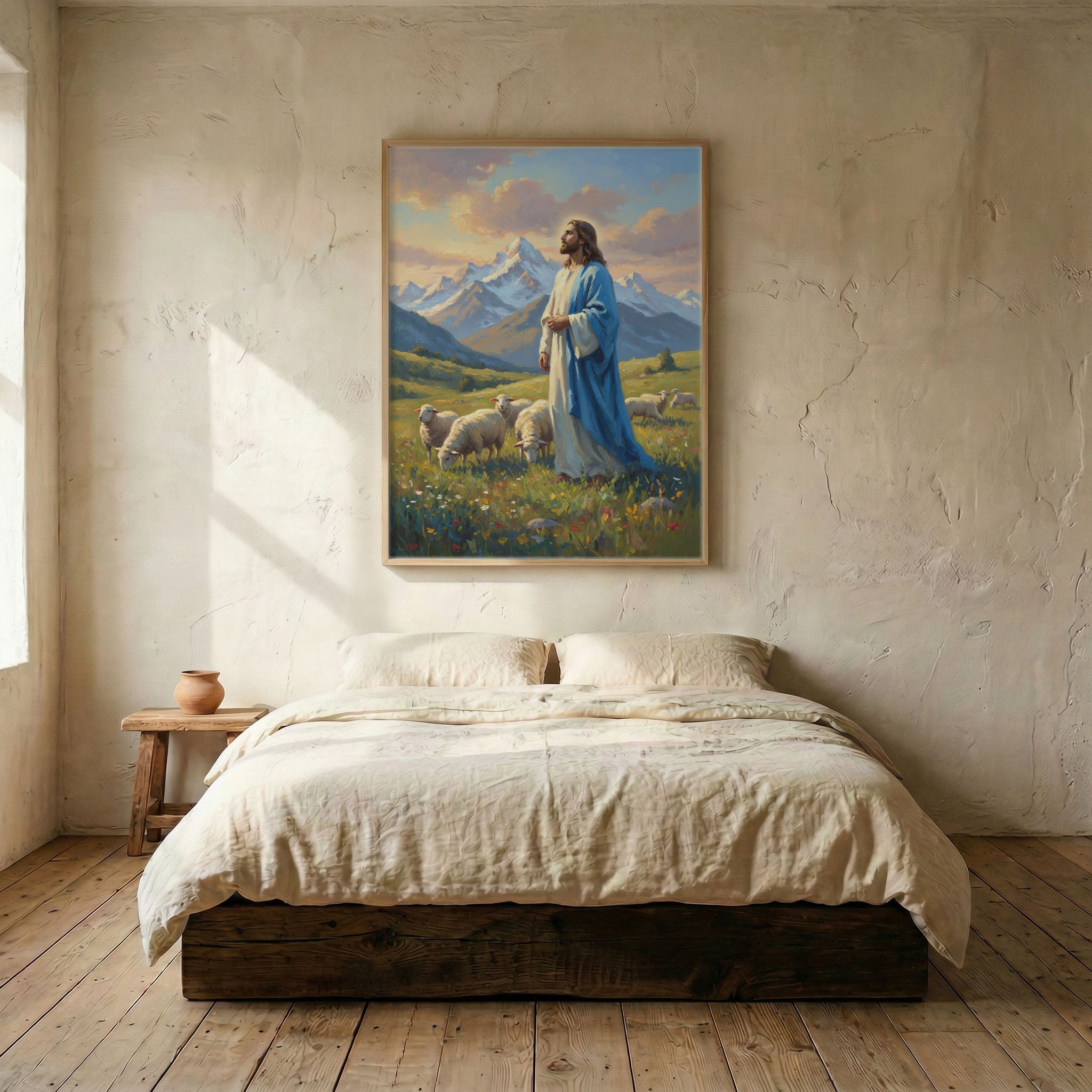 Jesus Good Shepherd mountain canvas in wood frame mounted above linen platform bed in serene bedroom