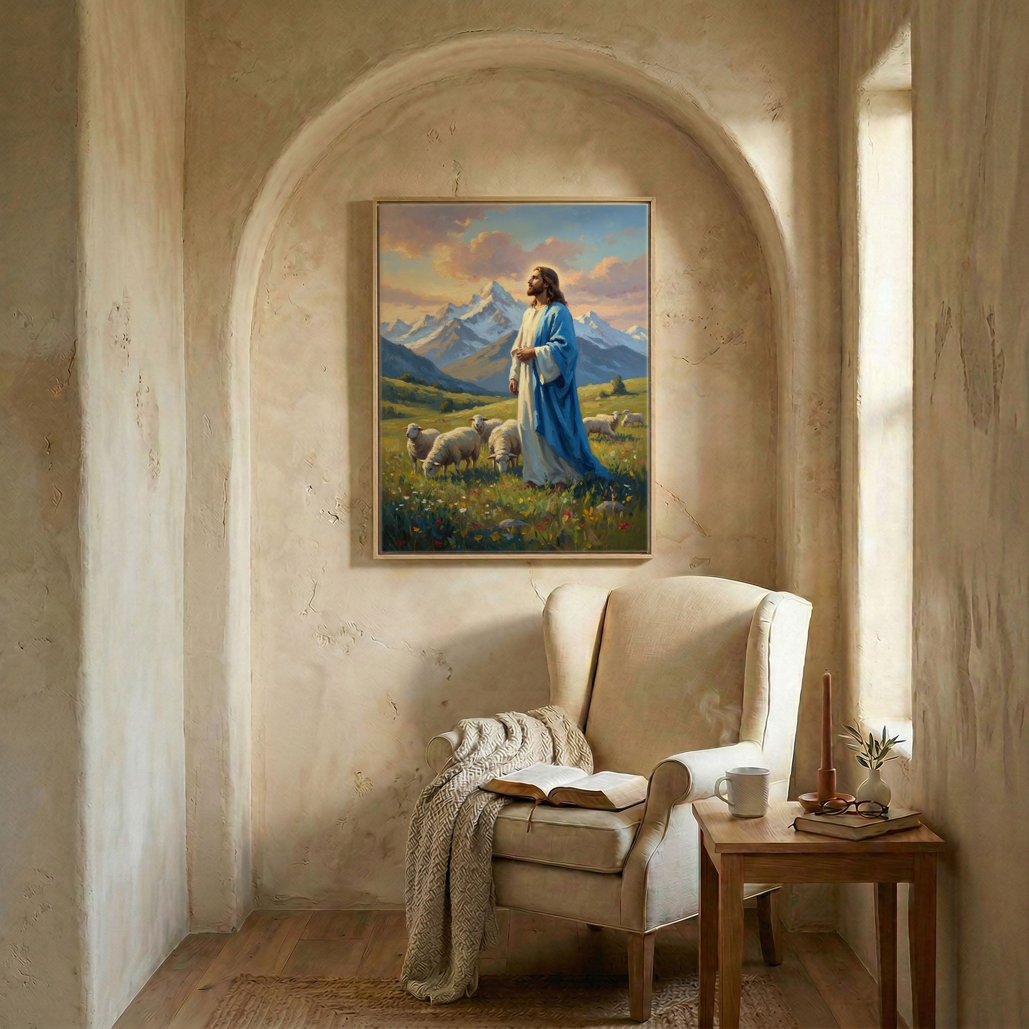 Jesus shepherd canvas in wood frame in arched alcove above wingback chair with open Bible and candle