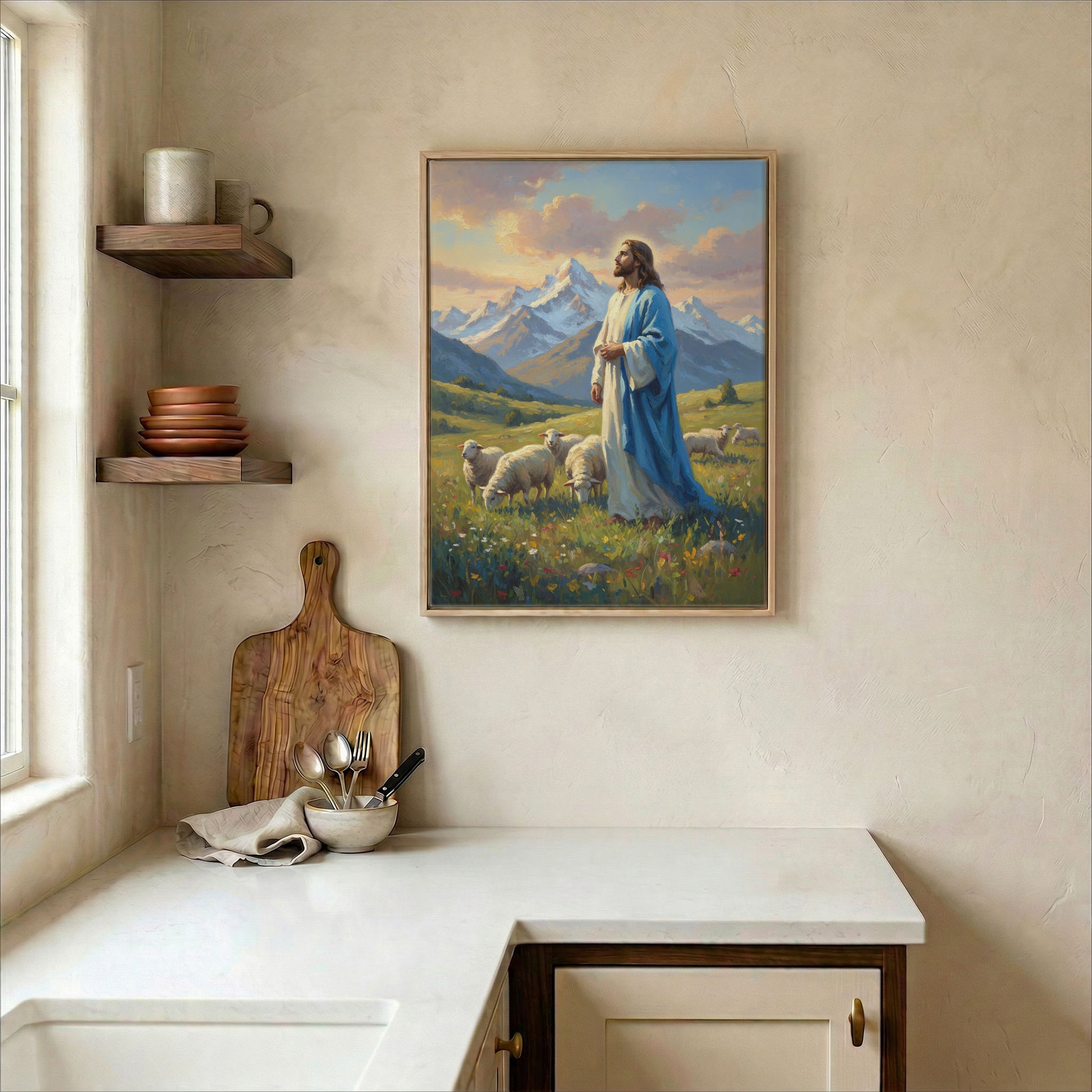 Jesus Good Shepherd canvas in wood frame on kitchen wall in warm neutral farmhouse setting