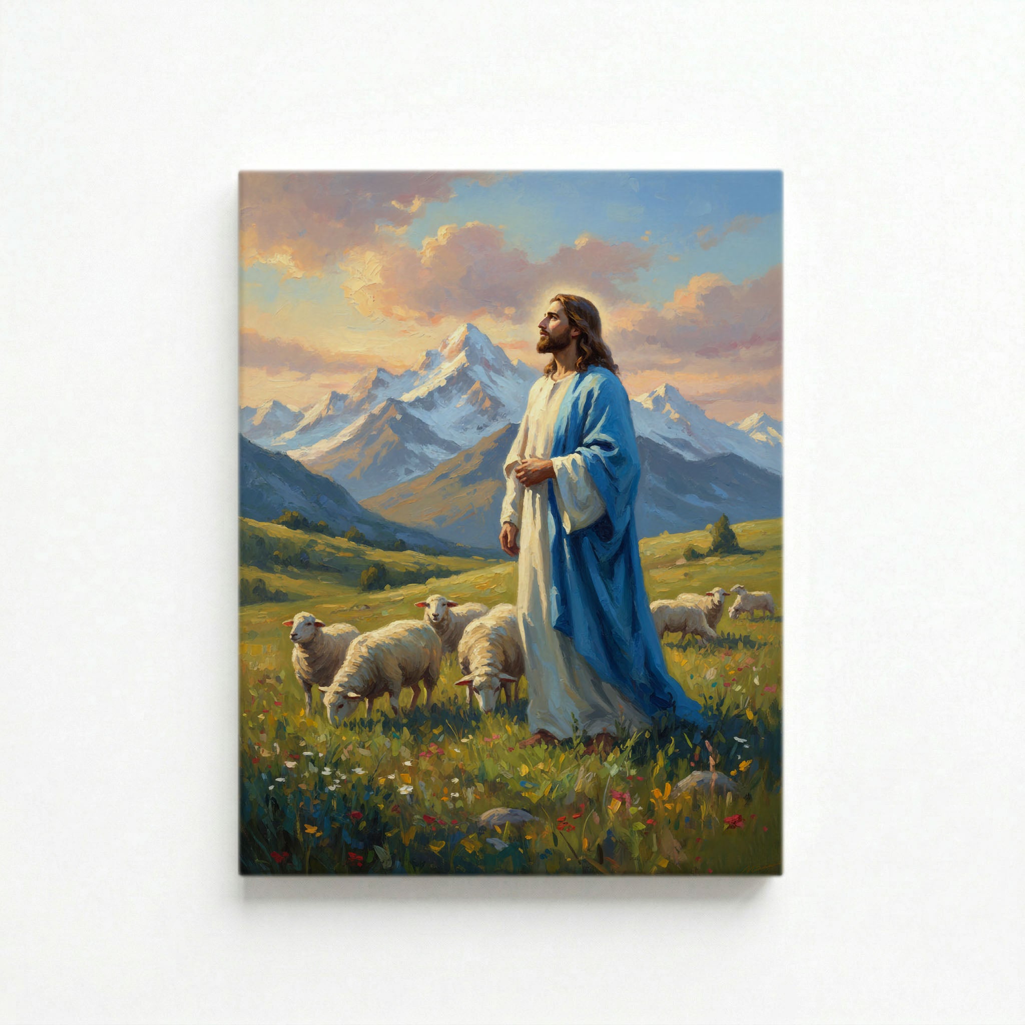White background with Jesus as Good Shepherd with flock by snowy mountain meadow on vertical canvas