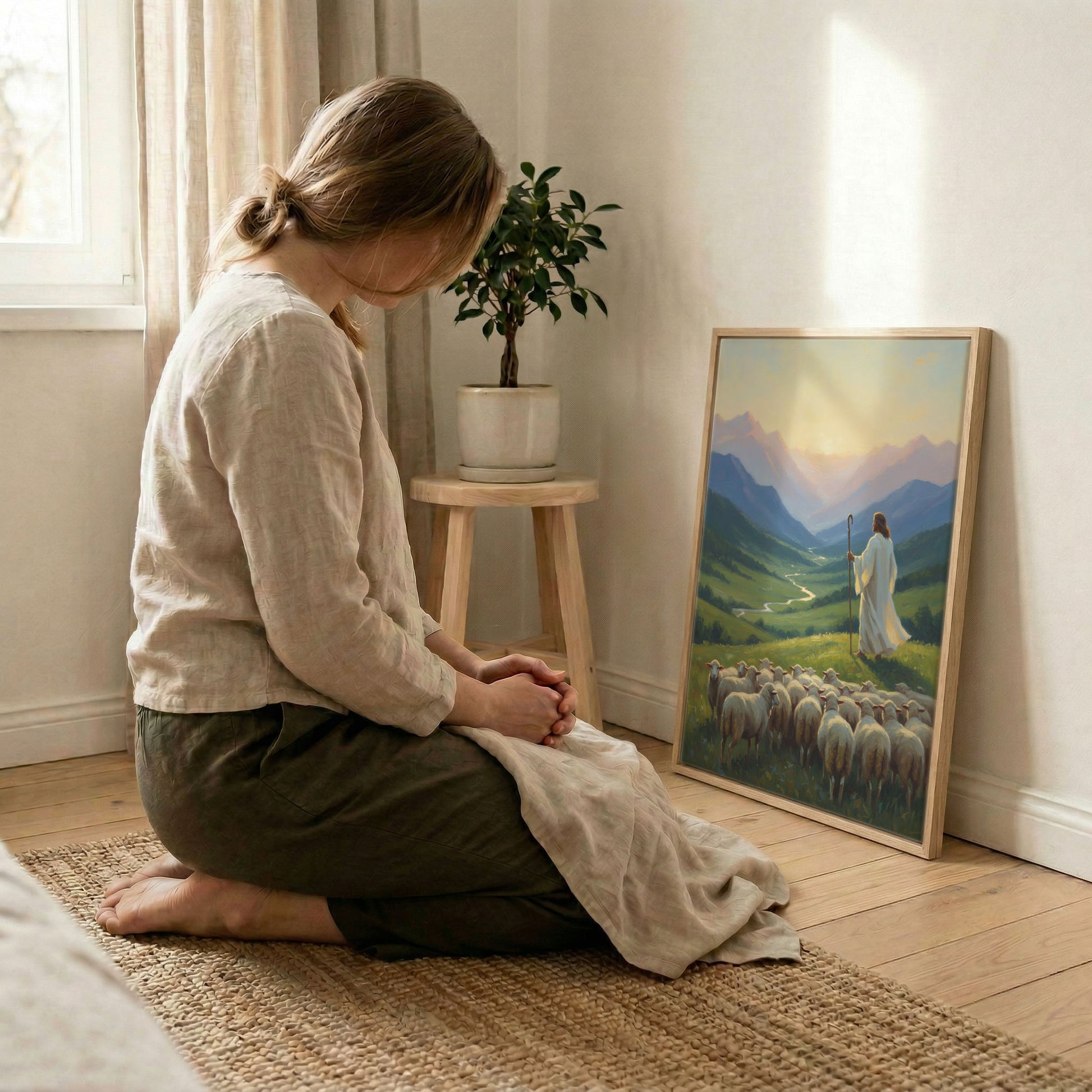 Woman kneeling in prayer beside Jesus Good Shepherd valley canvas print in wood frame, soft indoor natural light