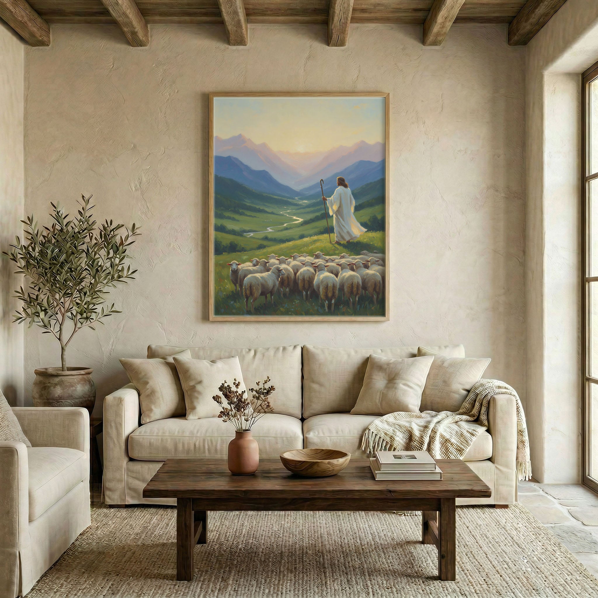 Large Jesus Good Shepherd valley canvas in wood frame above linen sofa in warm neutral living room with wood beam ceiling