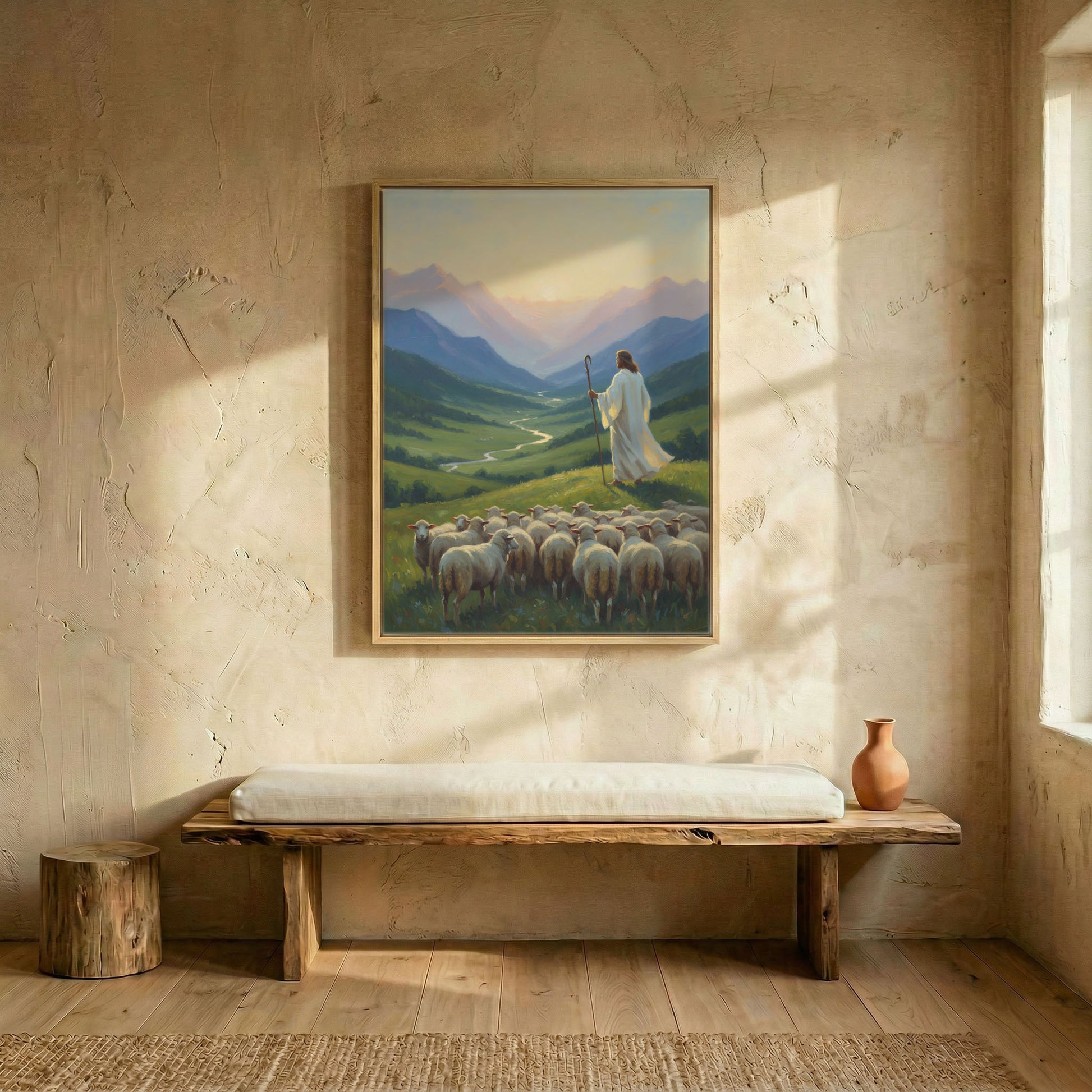 Jesus Good Shepherd overlooking green valley canvas in wood frame above rustic wooden bench in sunlit entryway