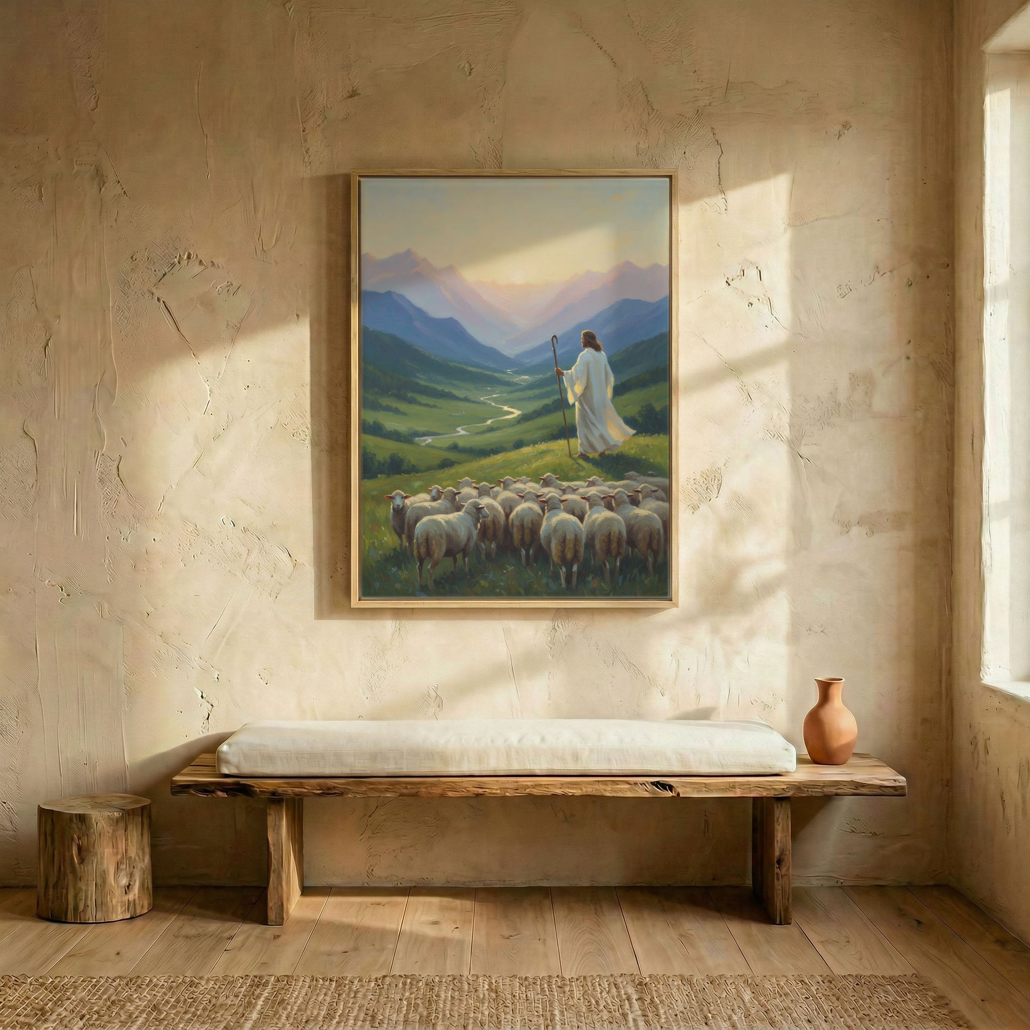 Jesus Good Shepherd overlooking green valley canvas in wood frame above rustic wooden bench in sunlit entryway