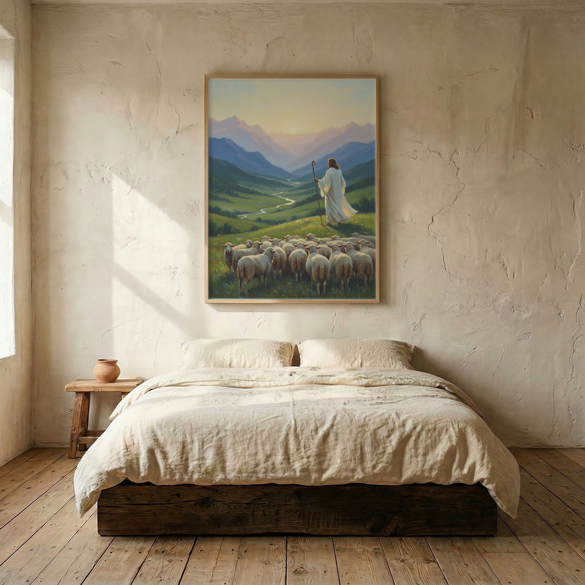 Jesus Good Shepherd with staff and flock canvas in wood frame mounted above linen platform bed in serene bedroom