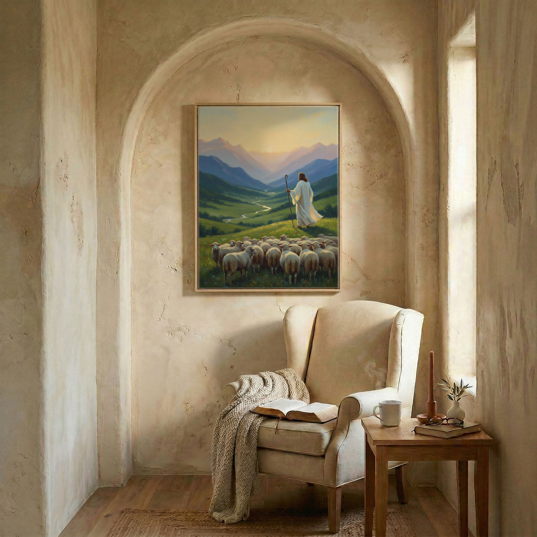 Jesus Good Shepherd valley oil painting in wood frame in arched alcove above wingback chair with open Bible