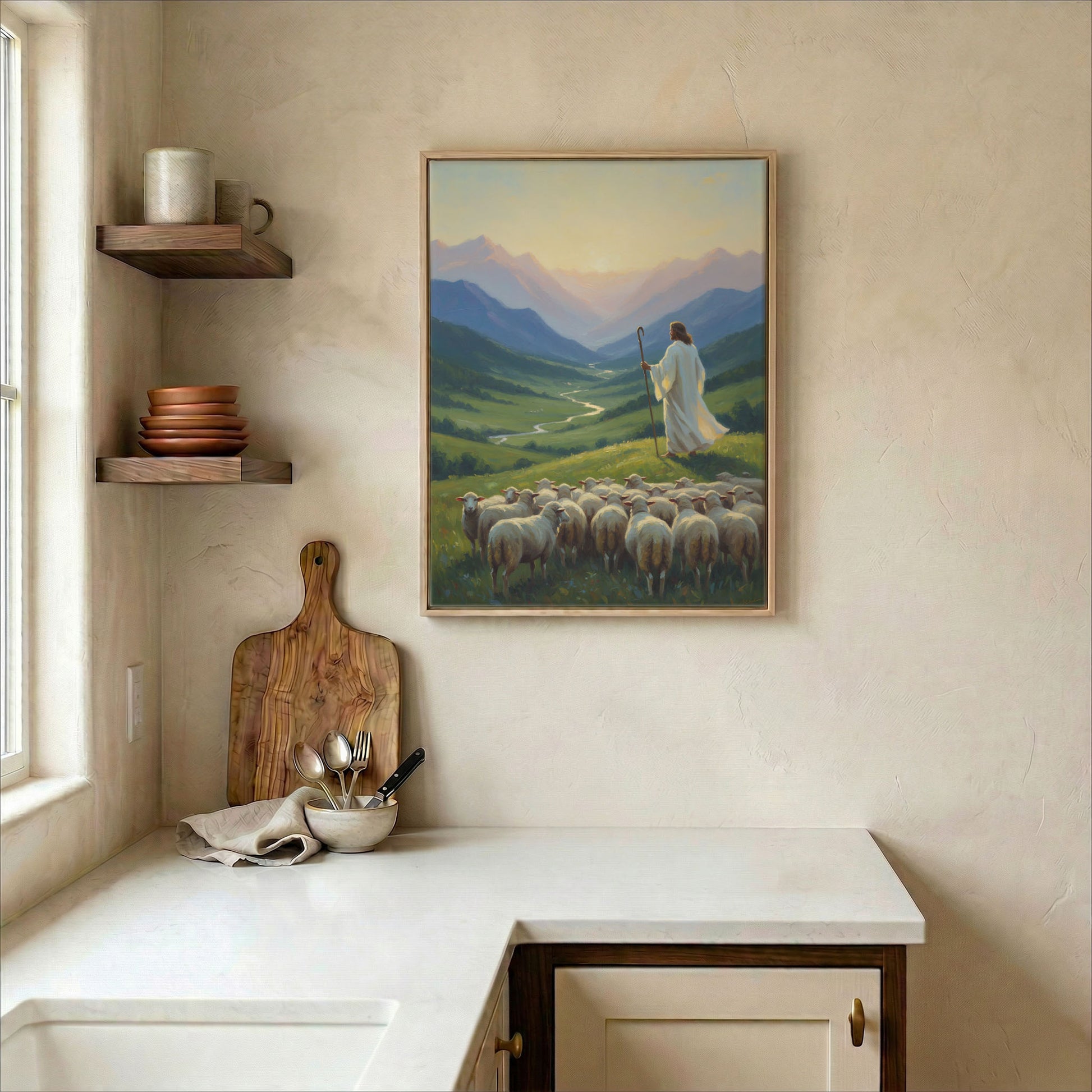 Jesus Good Shepherd overlooking mountain valley canvas in wood frame on kitchen wall in warm farmhouse setting