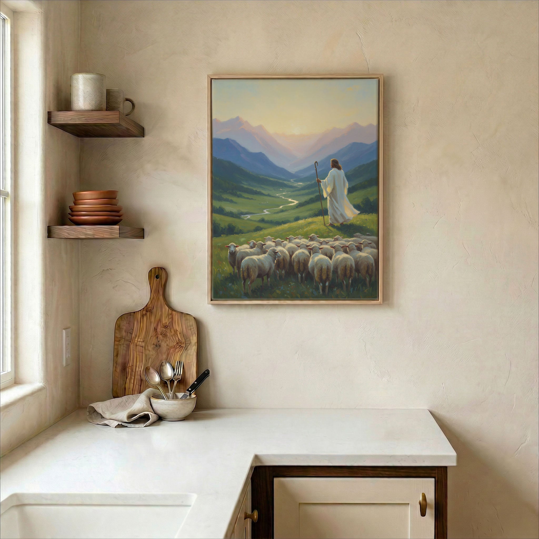 Jesus Good Shepherd overlooking mountain valley canvas in wood frame on kitchen wall in warm farmhouse setting