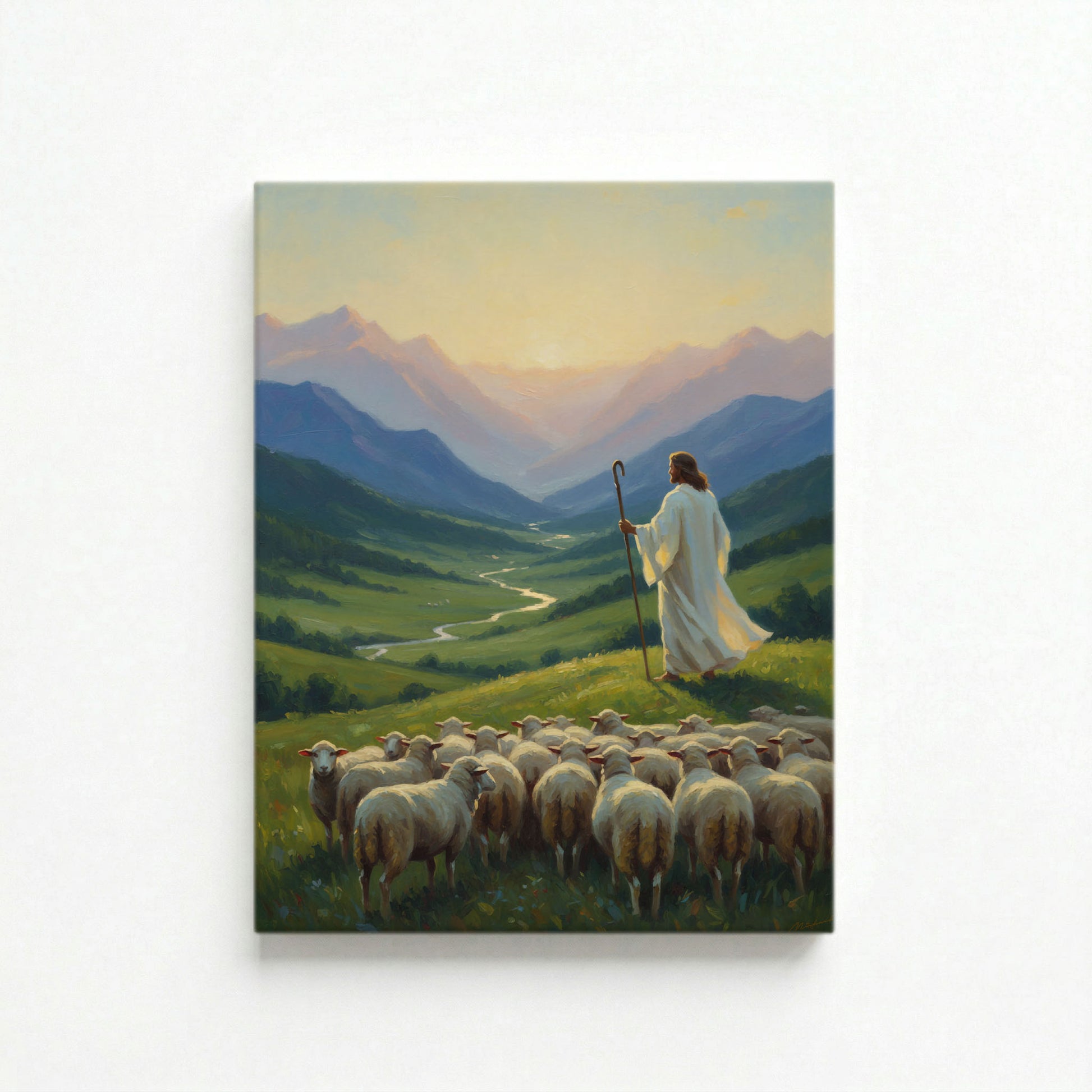 Gallery-wrapped canvas of Jesus in white robe holding shepherd staff overlooking sunlit green valley with flock of sheep