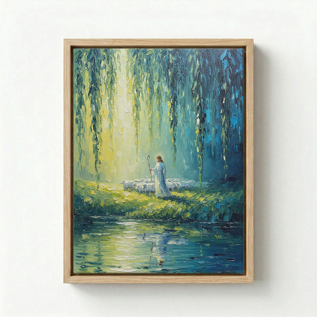 Canvas in natural wood floating frame with Jesus as Good Shepherd holding staff beside reflective river under willow trees
