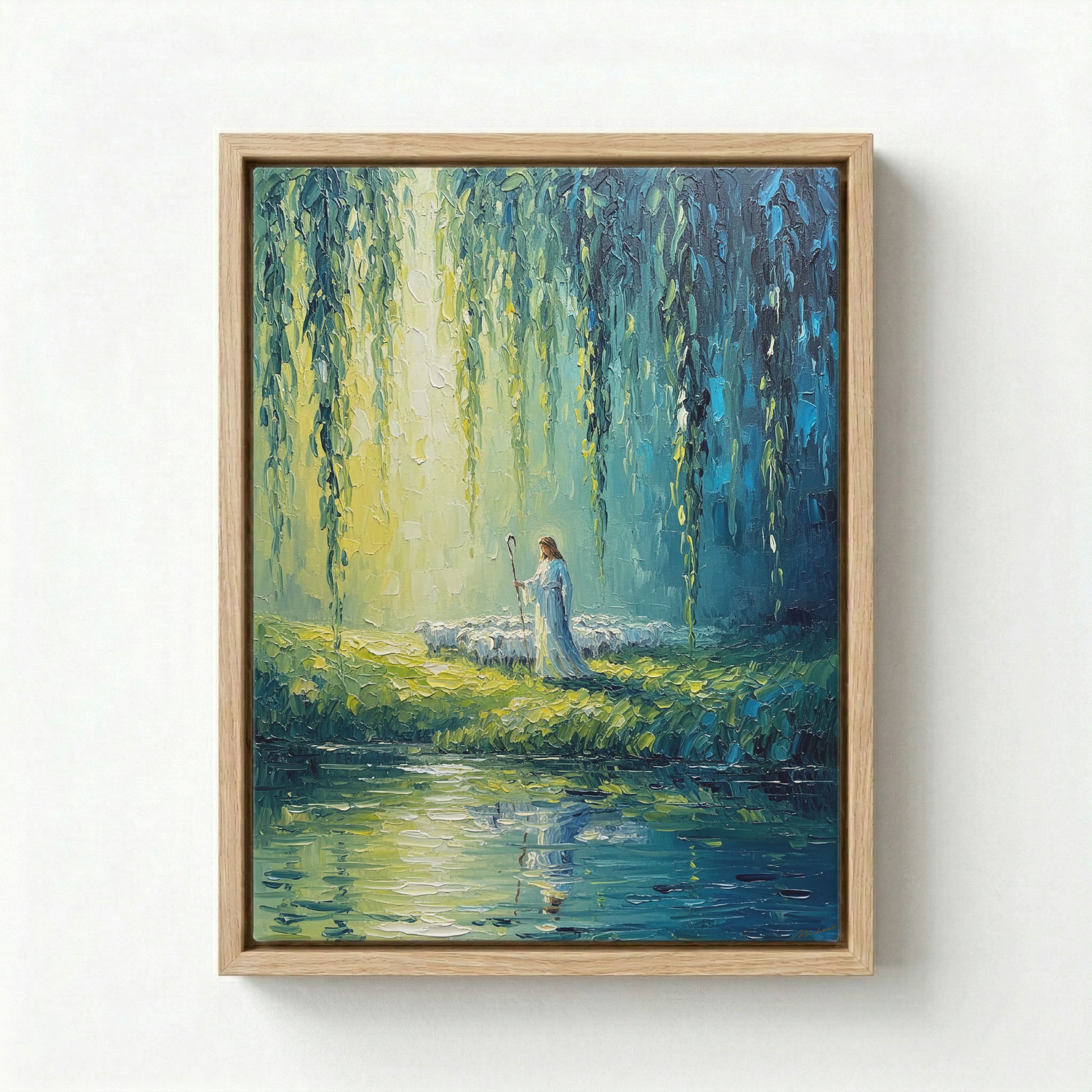Canvas in natural wood floating frame with Jesus as Good Shepherd holding staff beside reflective river under willow trees