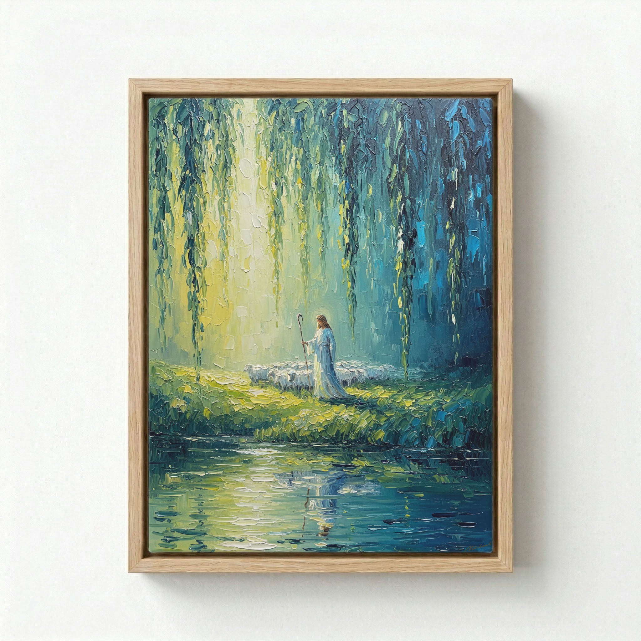 Canvas in natural wood floating frame with Jesus as Good Shepherd holding staff beside reflective river under willow trees