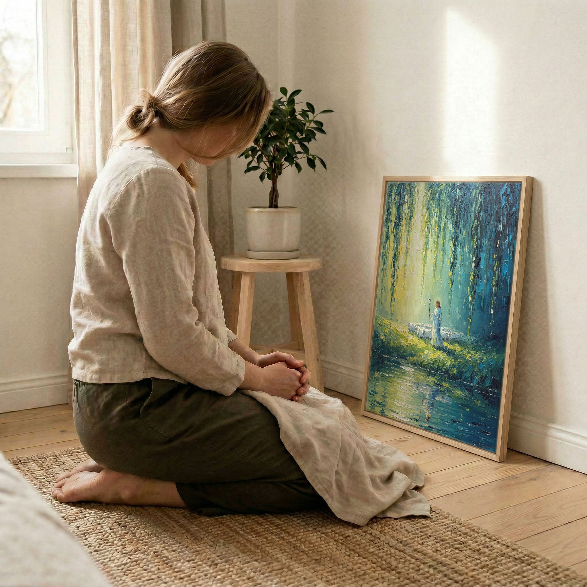 Woman kneeling in prayer beside Jesus Good Shepherd still waters canvas print in wood frame, soft indoor natural light