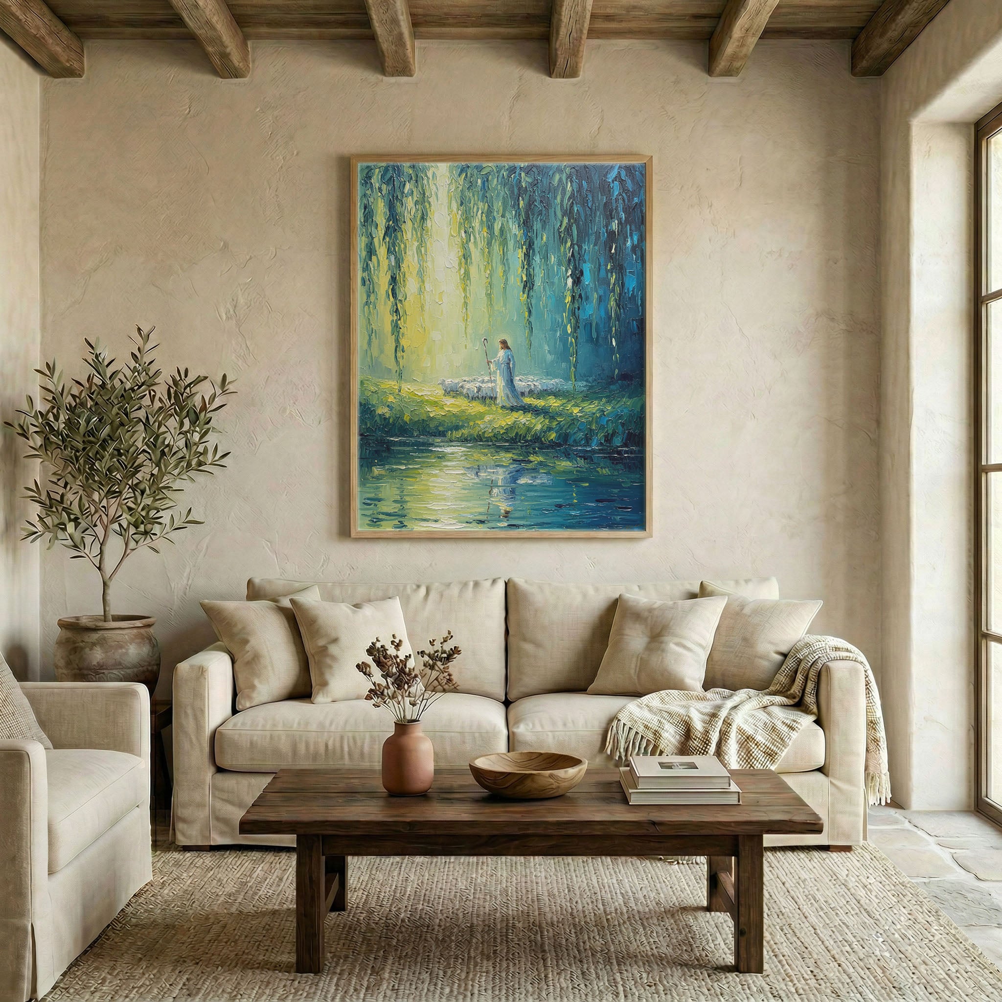 Large Jesus Good Shepherd willow river canvas in wood frame above linen sofa in warm neutral living room with wood beams