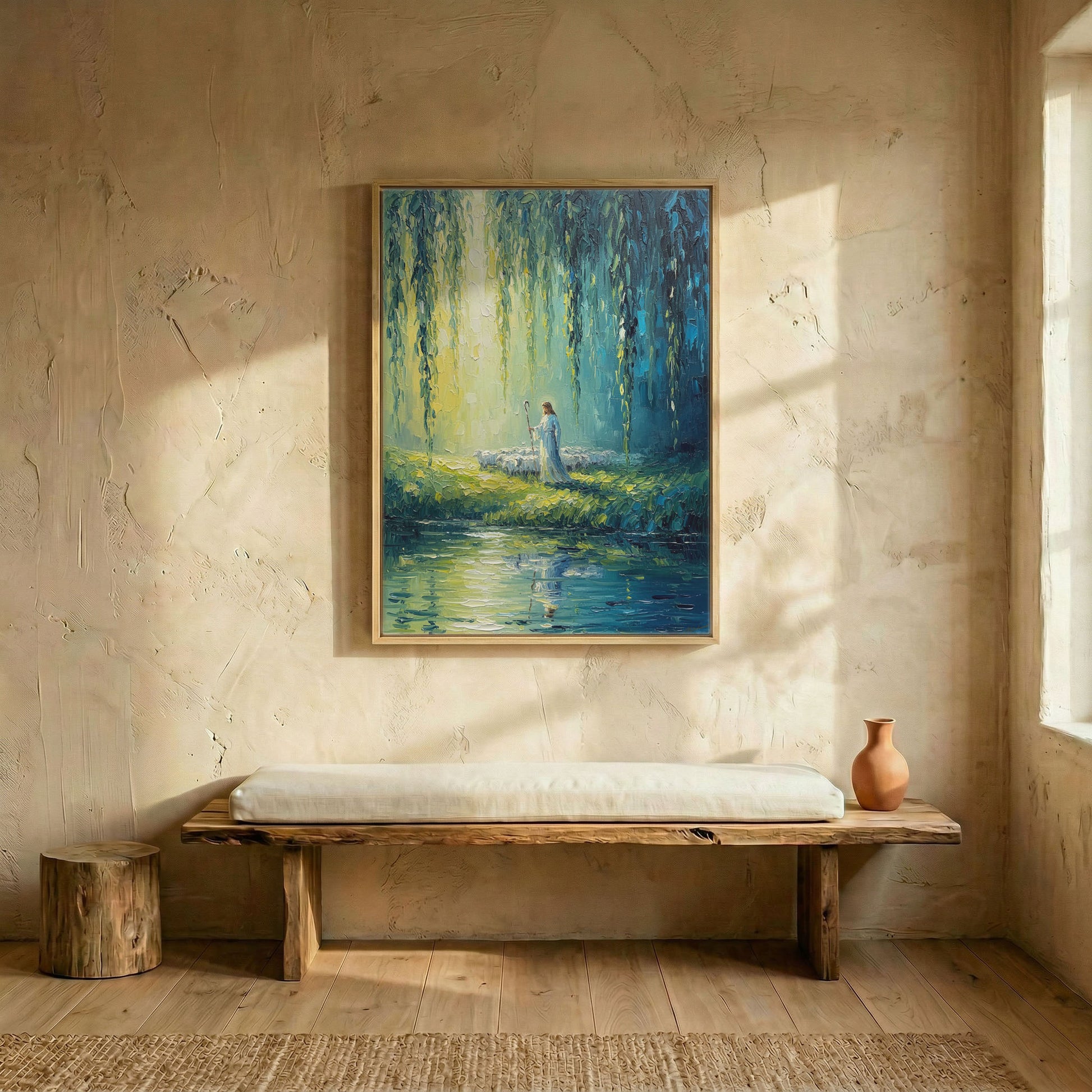 Jesus shepherd by reflective river canvas in wood frame above rustic wooden bench in sunlit minimalist entryway