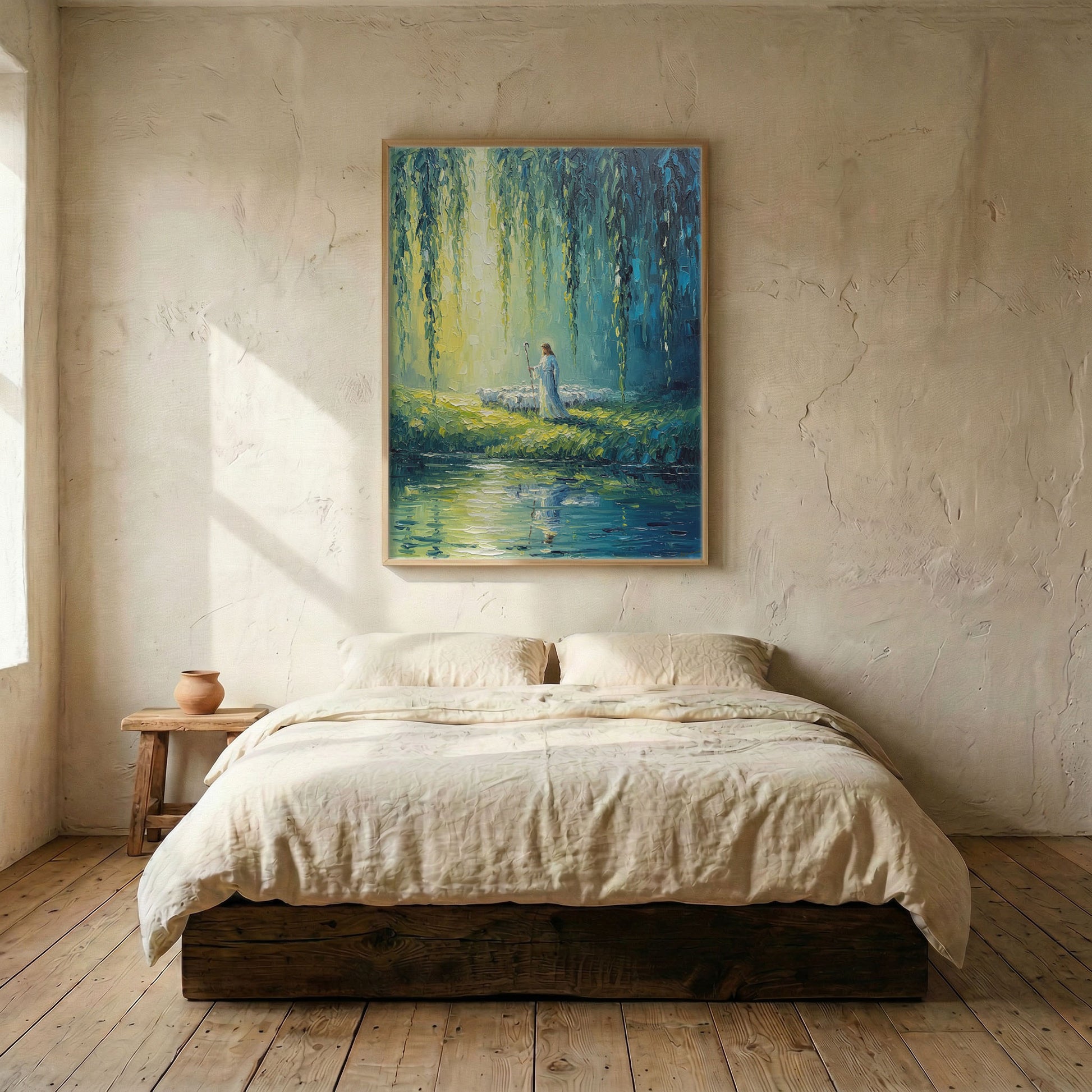Jesus Good Shepherd still waters canvas in wood frame mounted above linen platform bed in serene neutral bedroom 