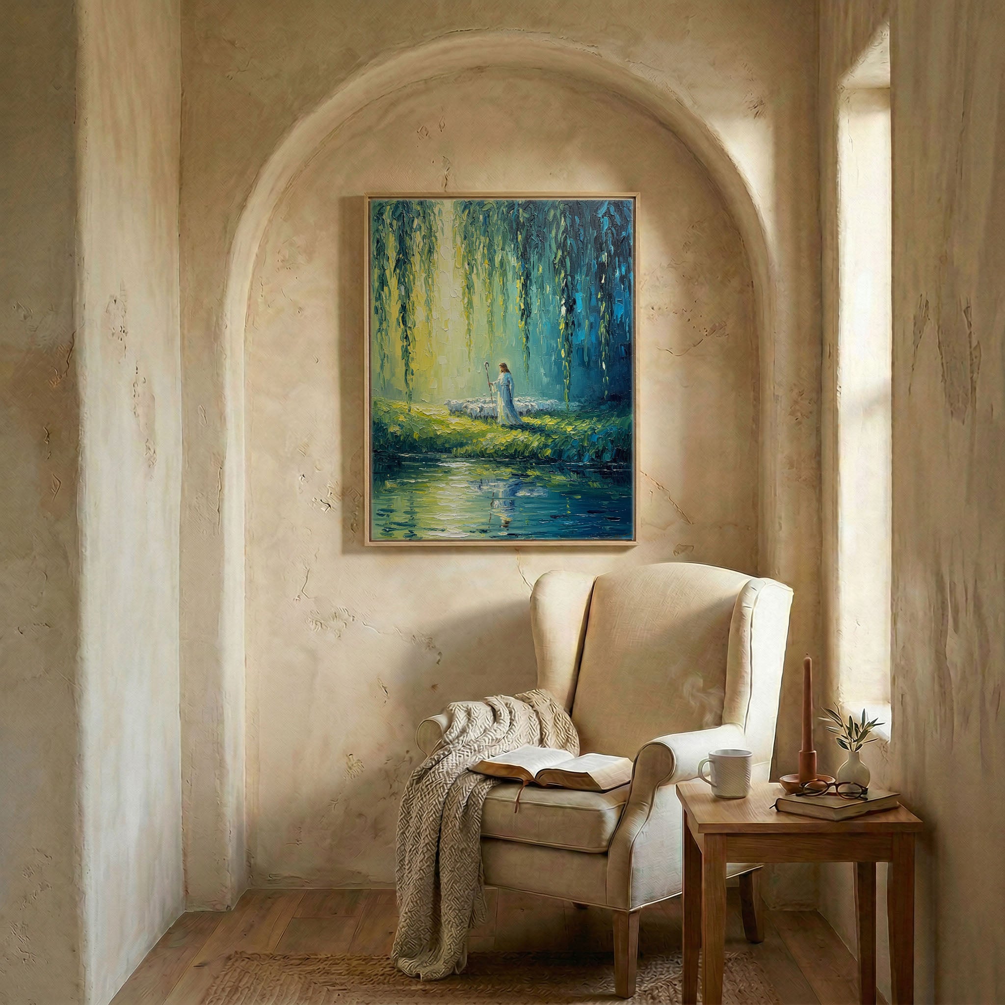 Jesus shepherd willow river canvas in wood frame in arched alcove above wingback chair with open Bible and candle