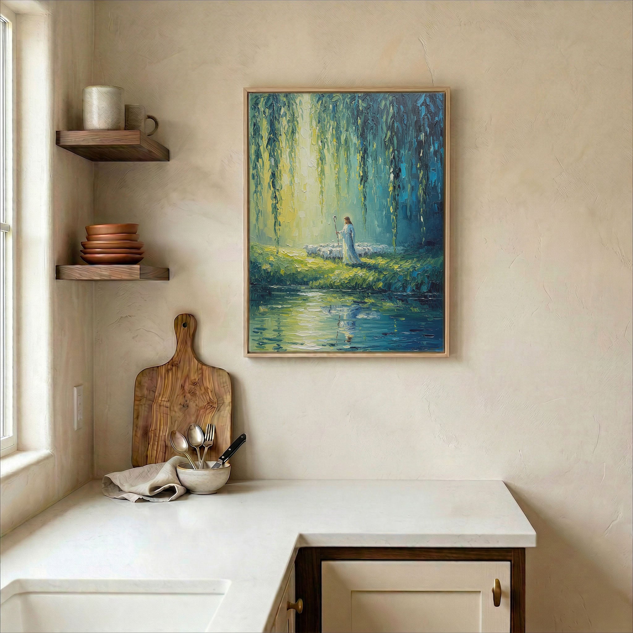 Jesus Good Shepherd by still waters canvas in wood frame on kitchen wall in warm neutral farmhouse setting