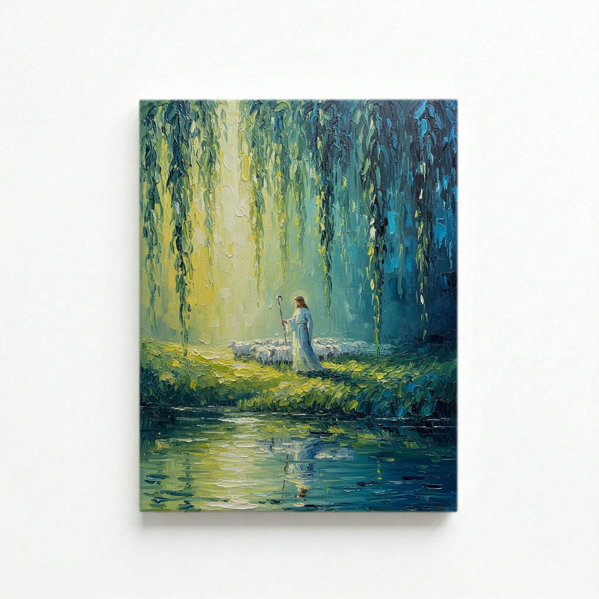 Gallery-wrapped canvas of Jesus as Good Shepherd with staff beside luminous reflective river under weeping willow trees
