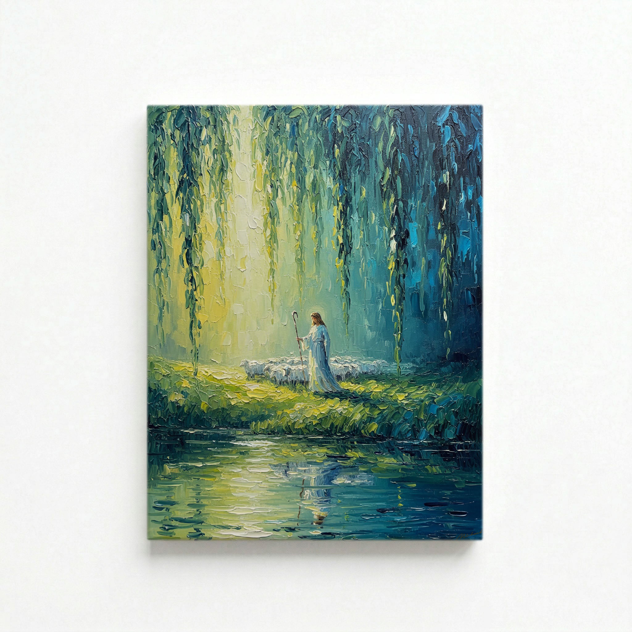 Gallery-wrapped canvas of Jesus as Good Shepherd with staff beside luminous reflective river under weeping willow trees