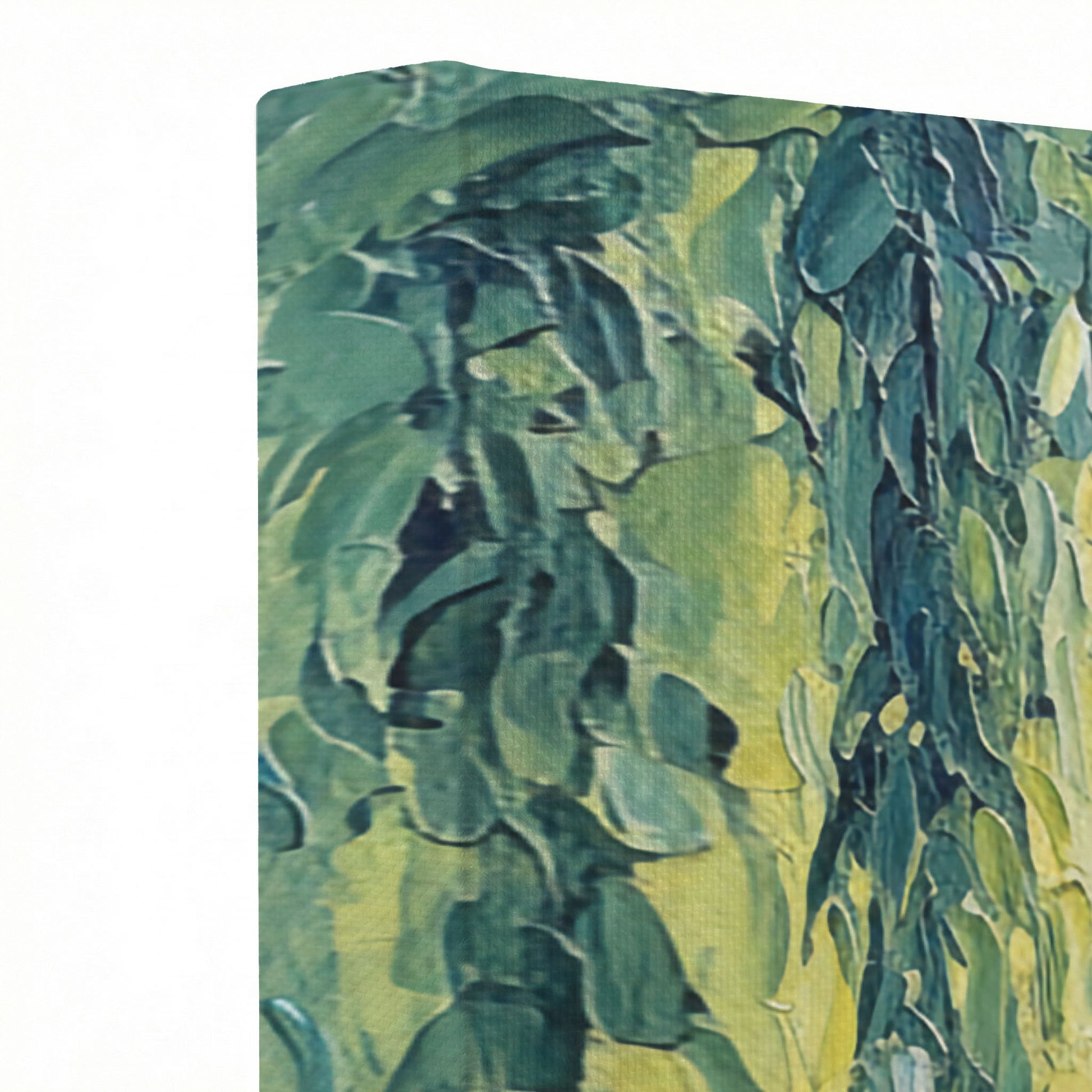 Close-up of gallery-wrapped canvas corner showing thick impasto brushstroke texture in emerald green and teal tones