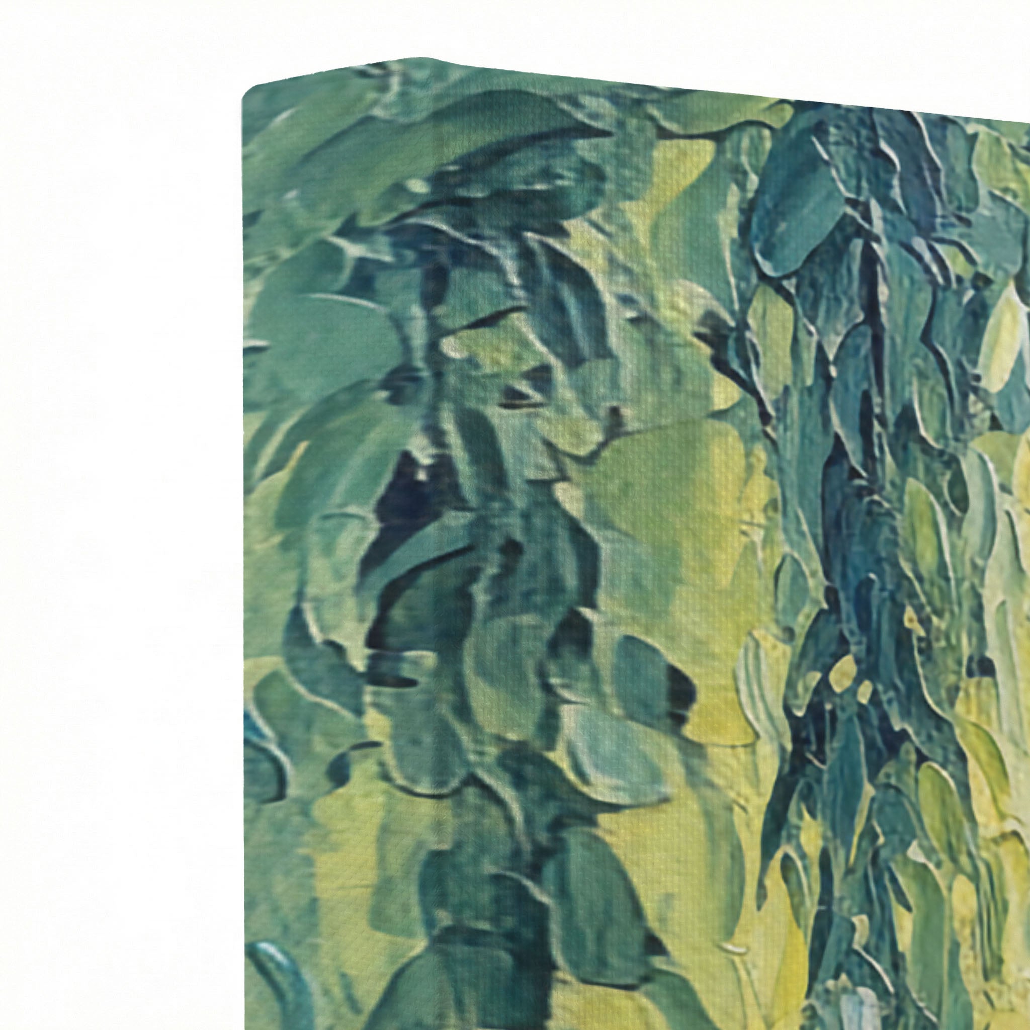 Close-up of gallery-wrapped canvas corner showing thick impasto brushstroke texture in emerald green and teal tones