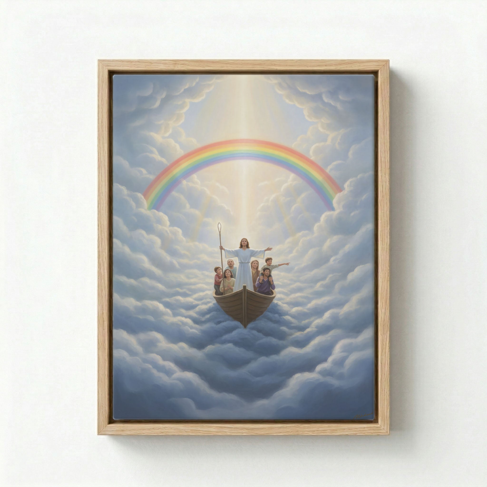 Canvas in wood frame with Jesus leading family in boat above heavenly clouds and rainbow, oil painting style