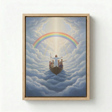 Canvas in wood frame with Jesus leading family in boat above heavenly clouds and rainbow, oil painting style