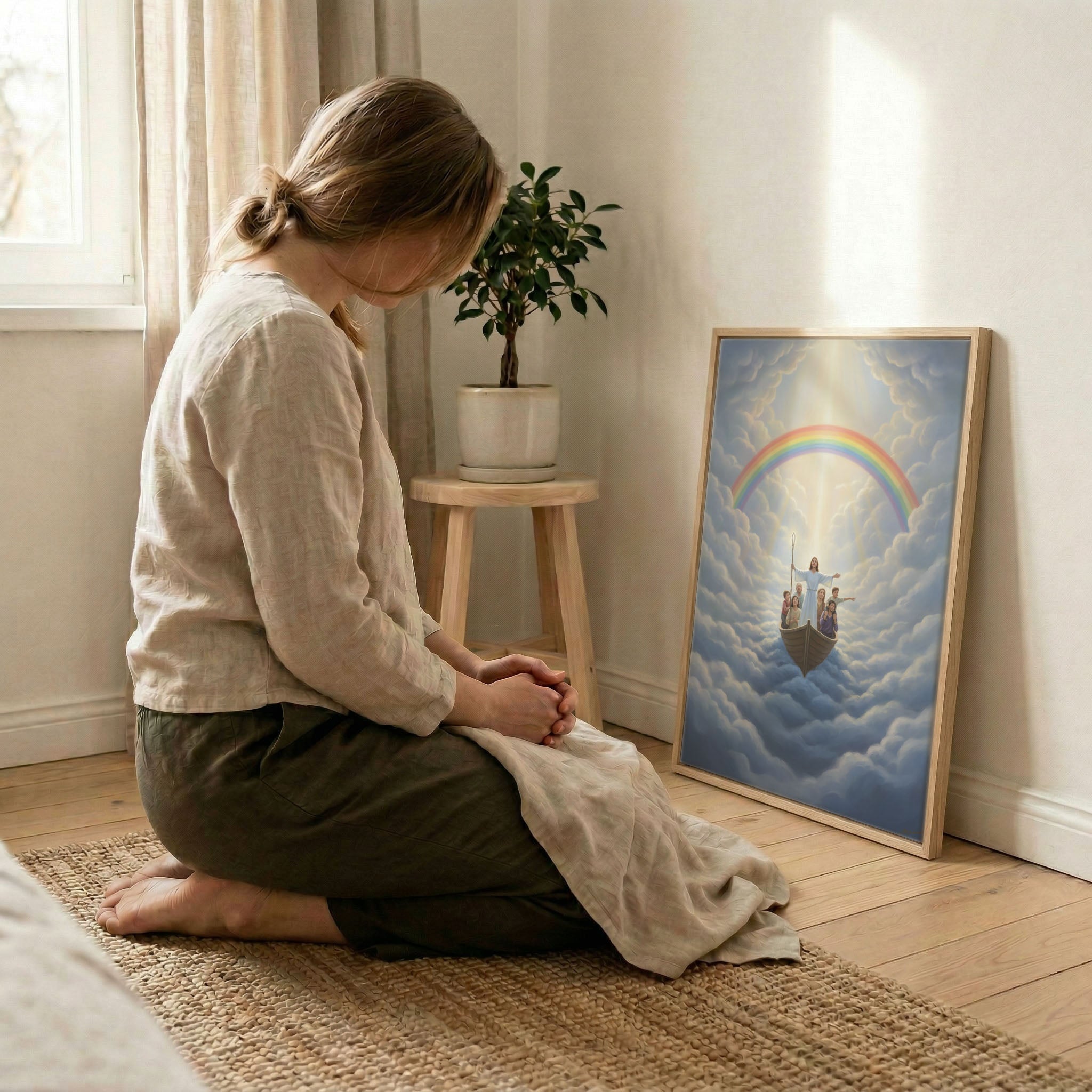 Woman kneeling in prayer beside Jesus leading family in boat canvas print in wood frame, soft indoor natural light