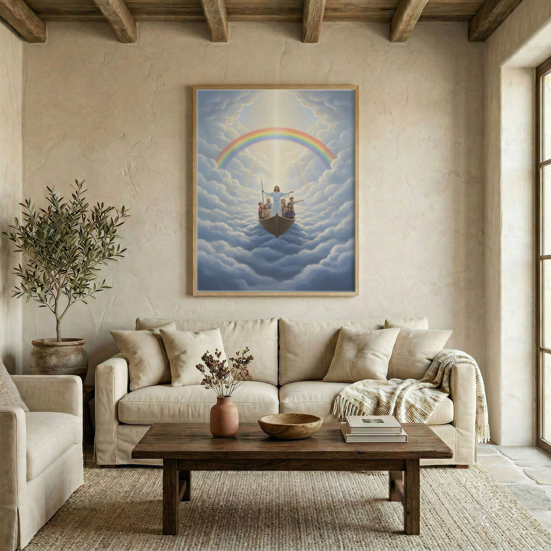 Canvas in wood frame with Jesus leading family in boat above heavenly clouds and rainbow, oil painting style