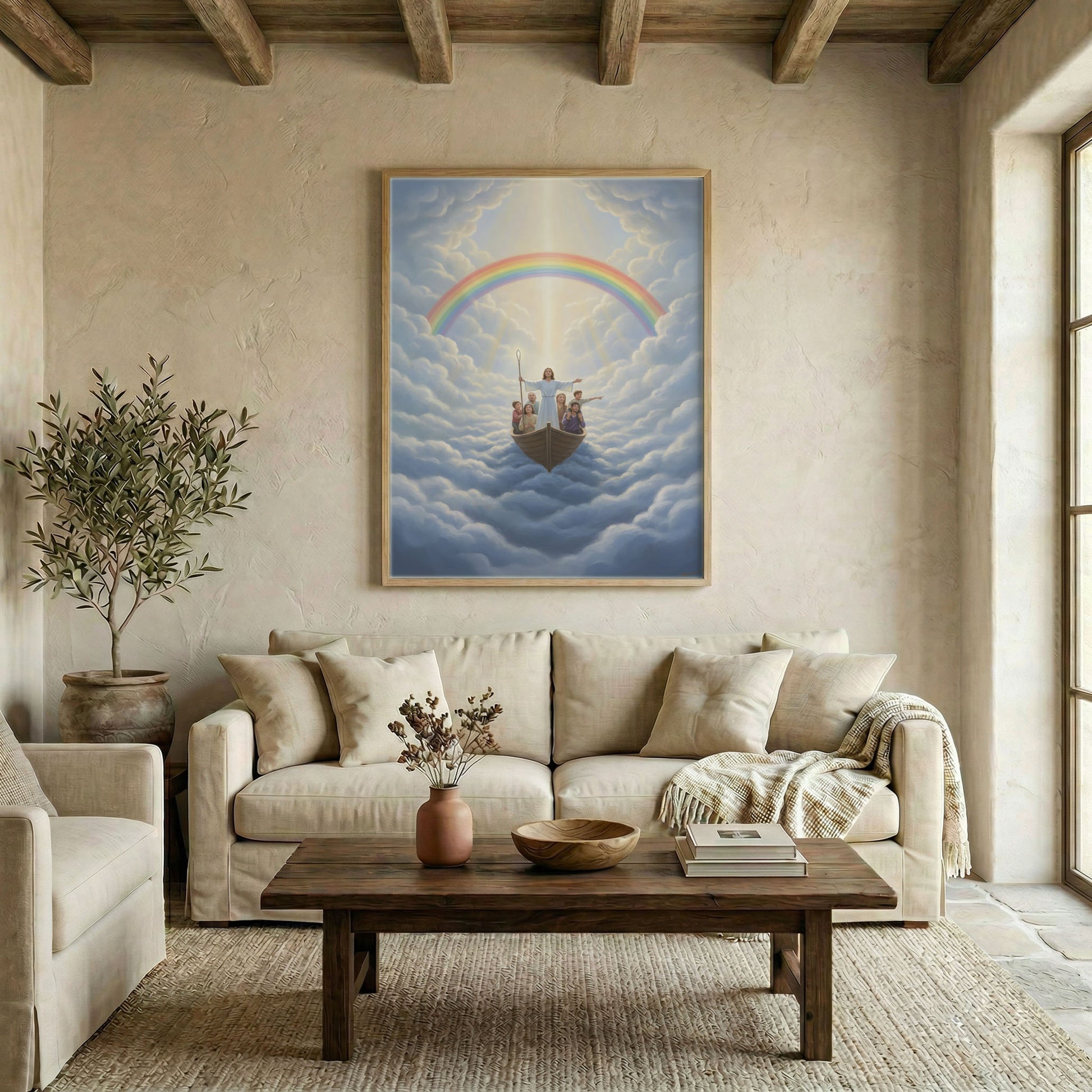 Large Jesus leading family in boat with rainbow canvas in wood frame above linen sofa in warm neutral living room