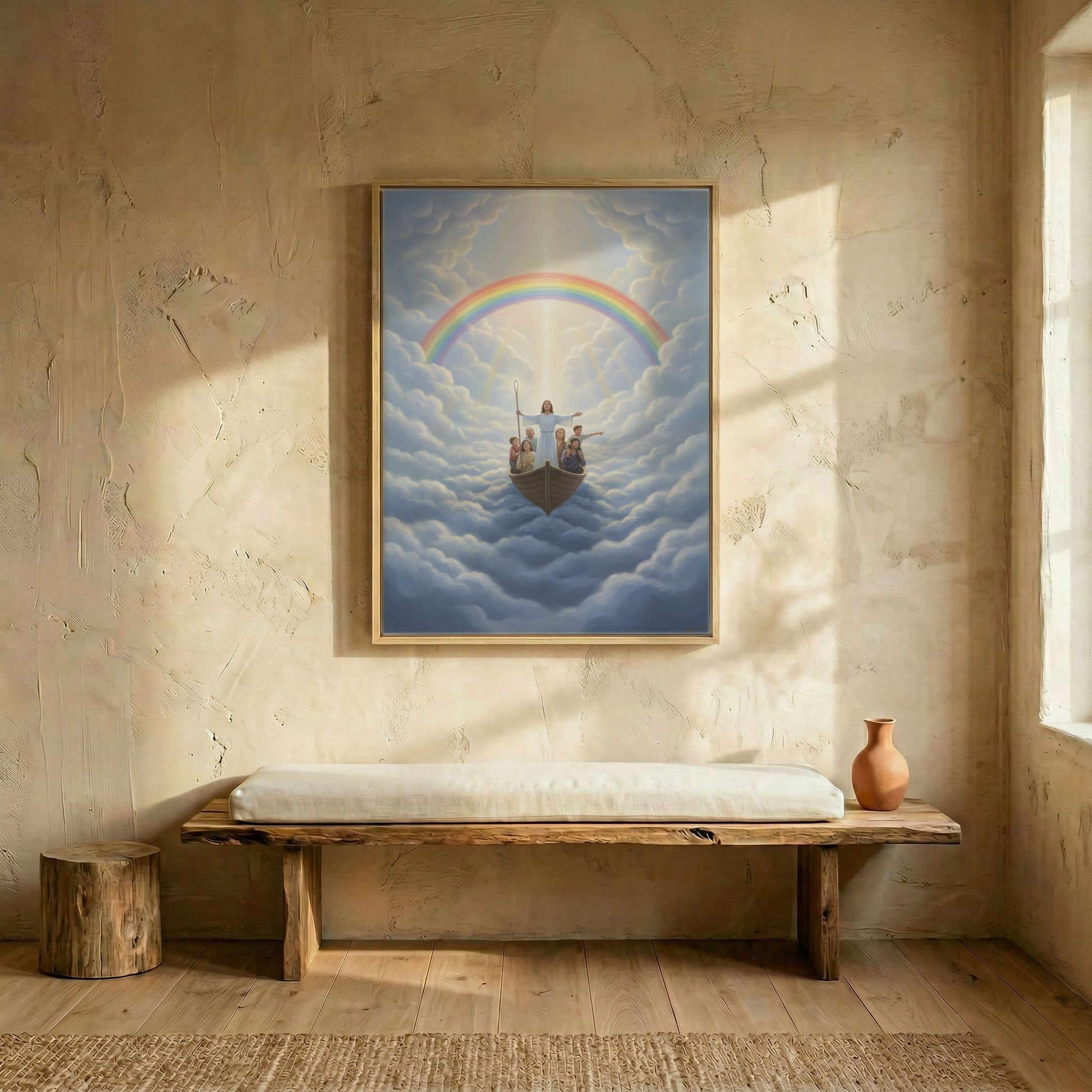 Jesus and family in heavenly boat canvas in wood frame above rustic wooden bench in sunlit minimalist entryway