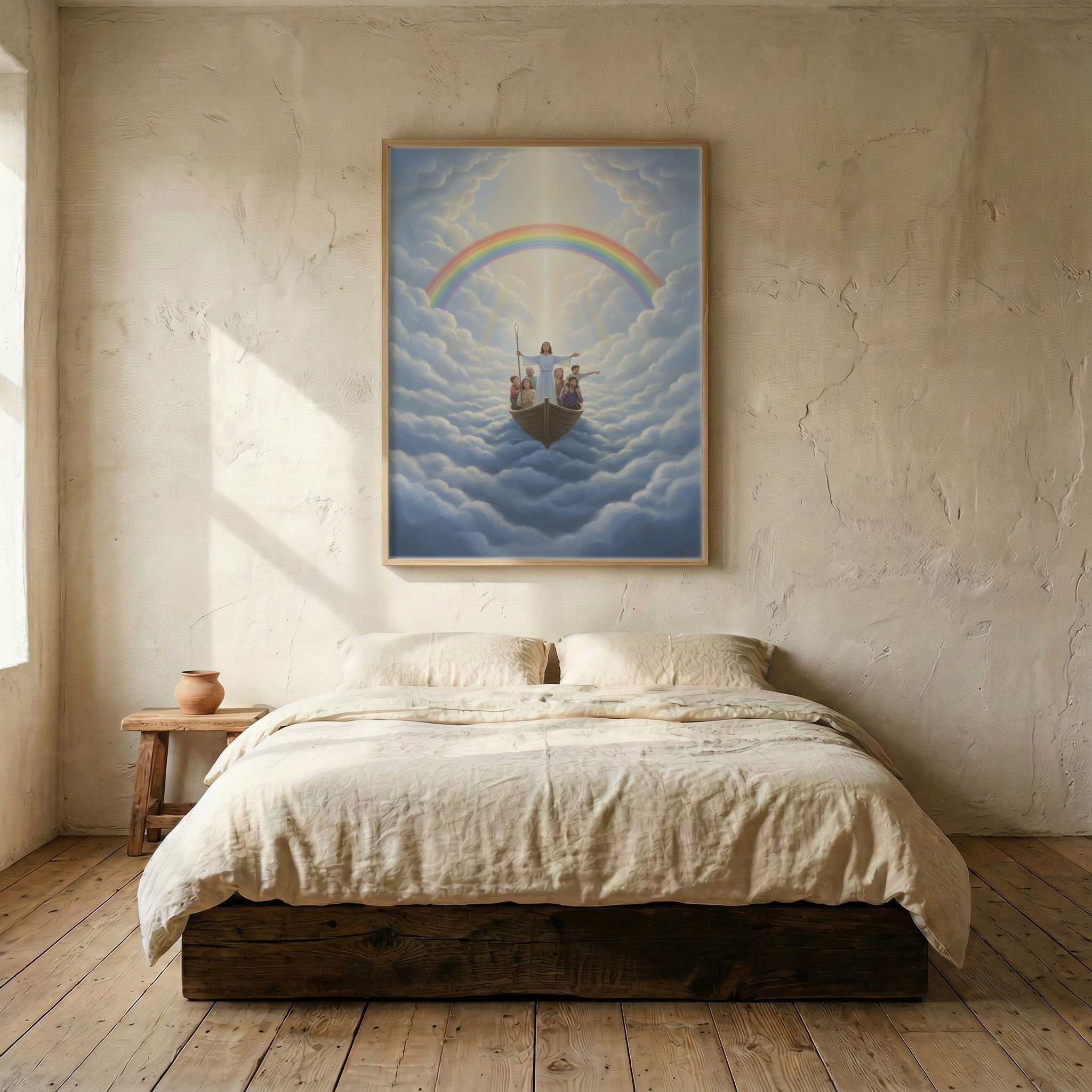 Jesus leading family in boat above clouds canvas in wood frame mounted above linen platform bed in serene bedroom