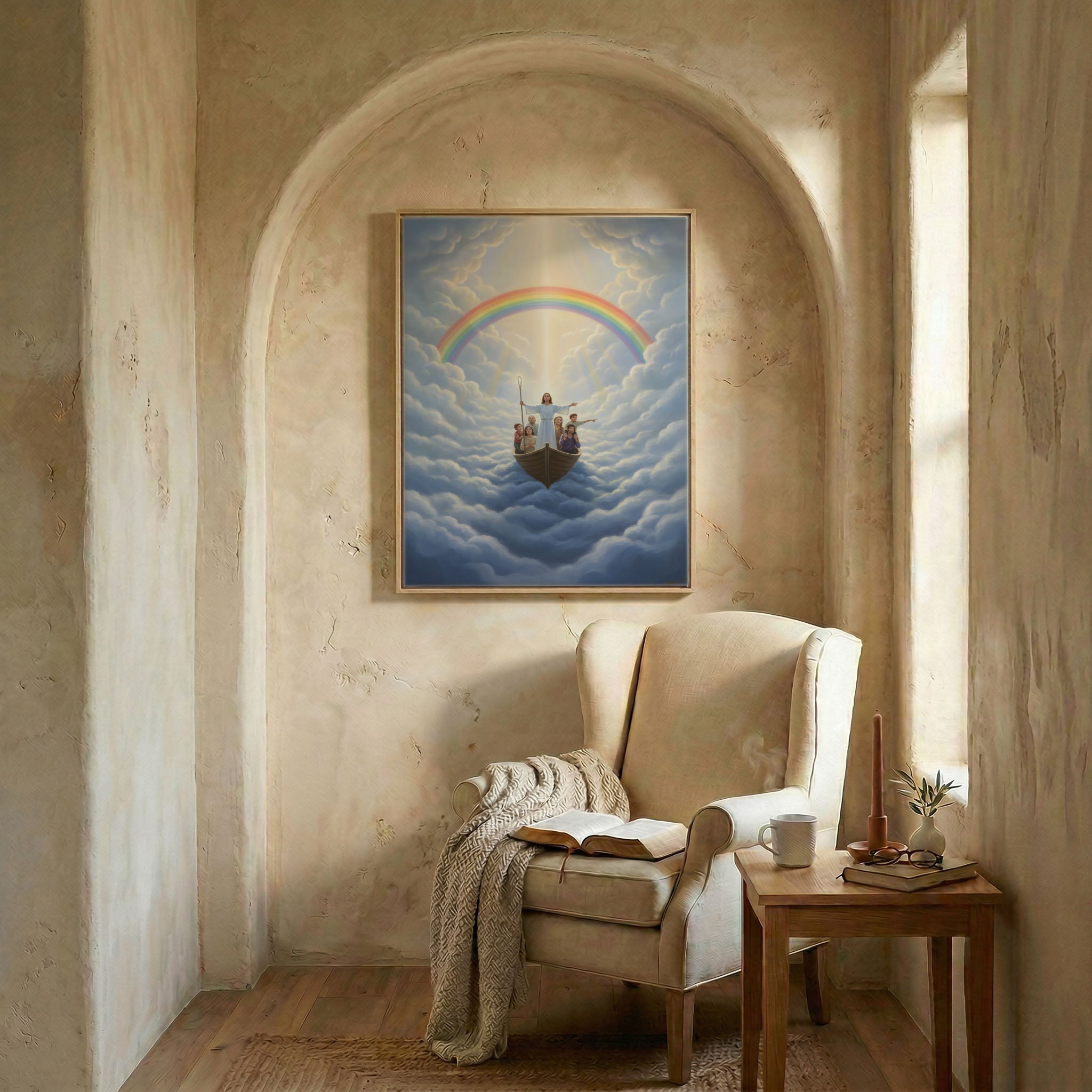 Jesus leading family in boat rainbow canvas in wood frame in arched alcove above wingback chair with open Bible