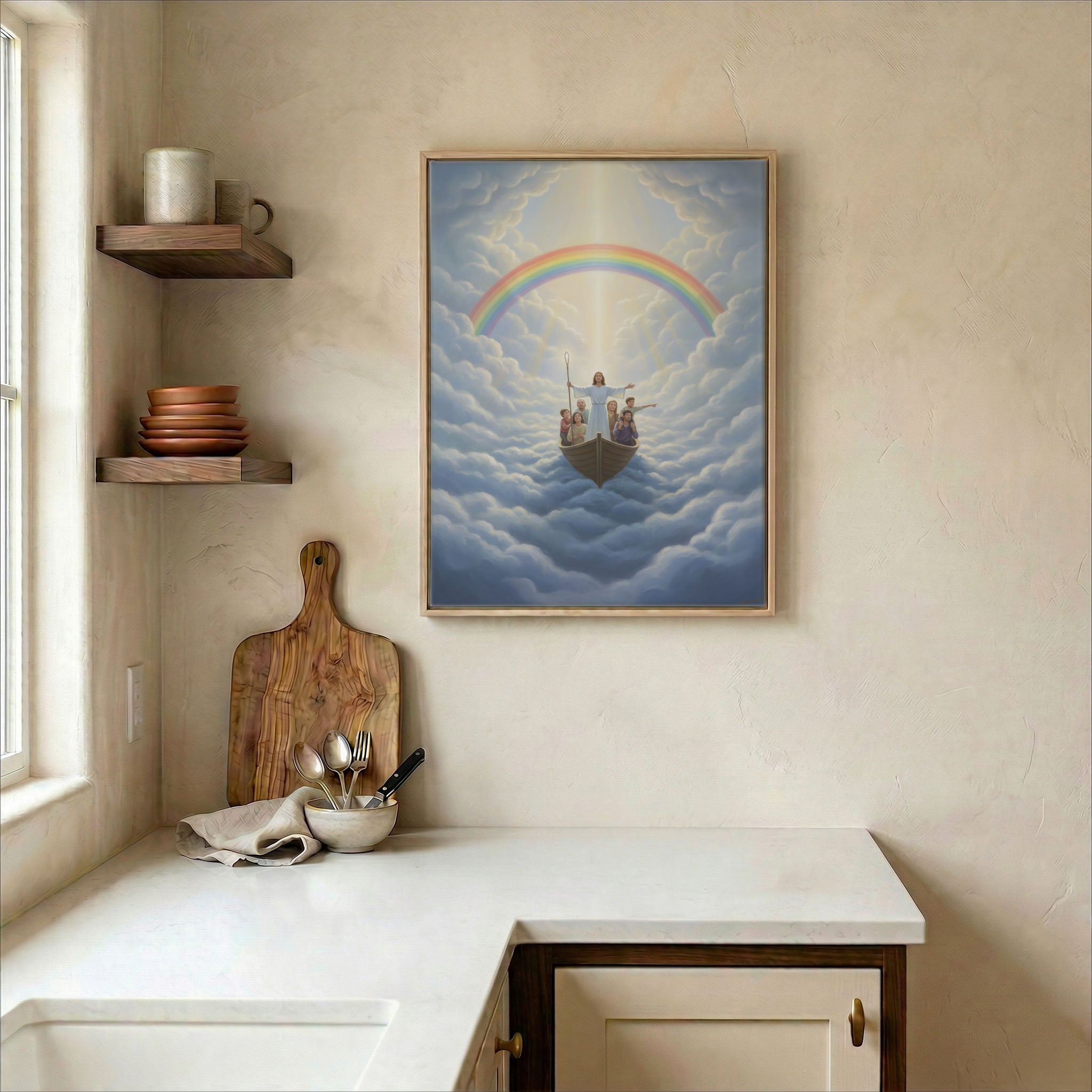 Jesus and family in heavenly boat with rainbow canvas in wood frame on kitchen wall in farmhouse setting